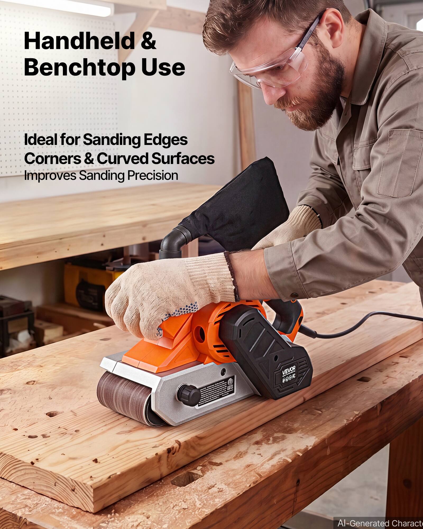 Handheld & Benchtop Use  
Ideal for Sanding Edges Corners & Curved Surfaces  
Improves Sanding Precision  
VEVOR F90K  
AI-Generated Character