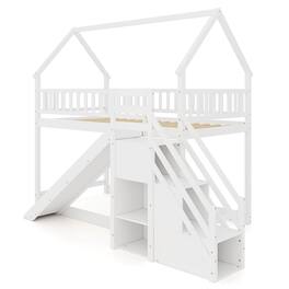Costway - Twin Over Twin Bunk Bed with Slide & Staircase with Storage Compartments - White