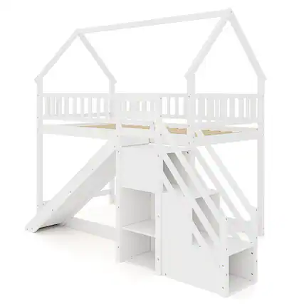 Front. Costway - Costway Twin Over Twin Bunk Bed with Slide & Staircase with Storage Compartments White - White.