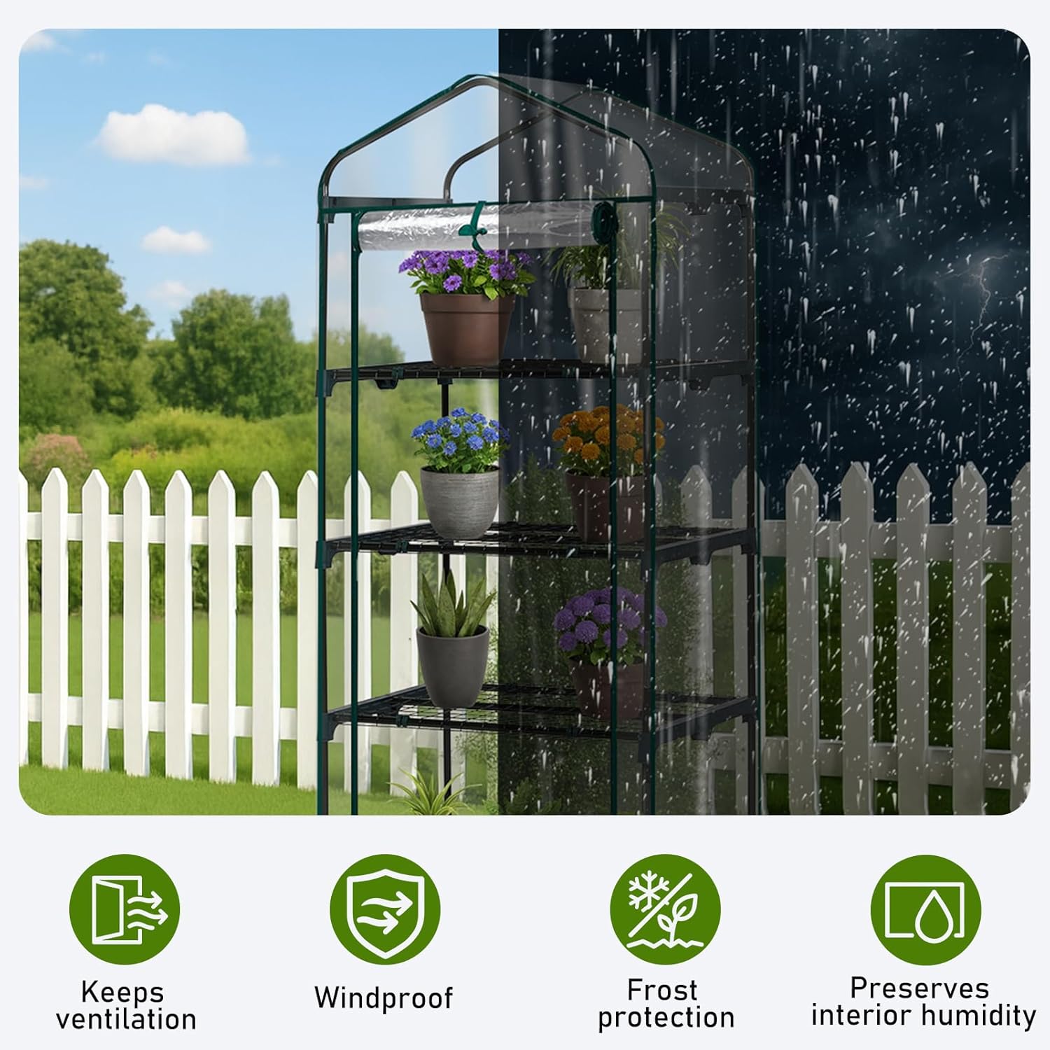 Keeps ventilation  
Windproof  
Frost protection  
Preserves interior humidity