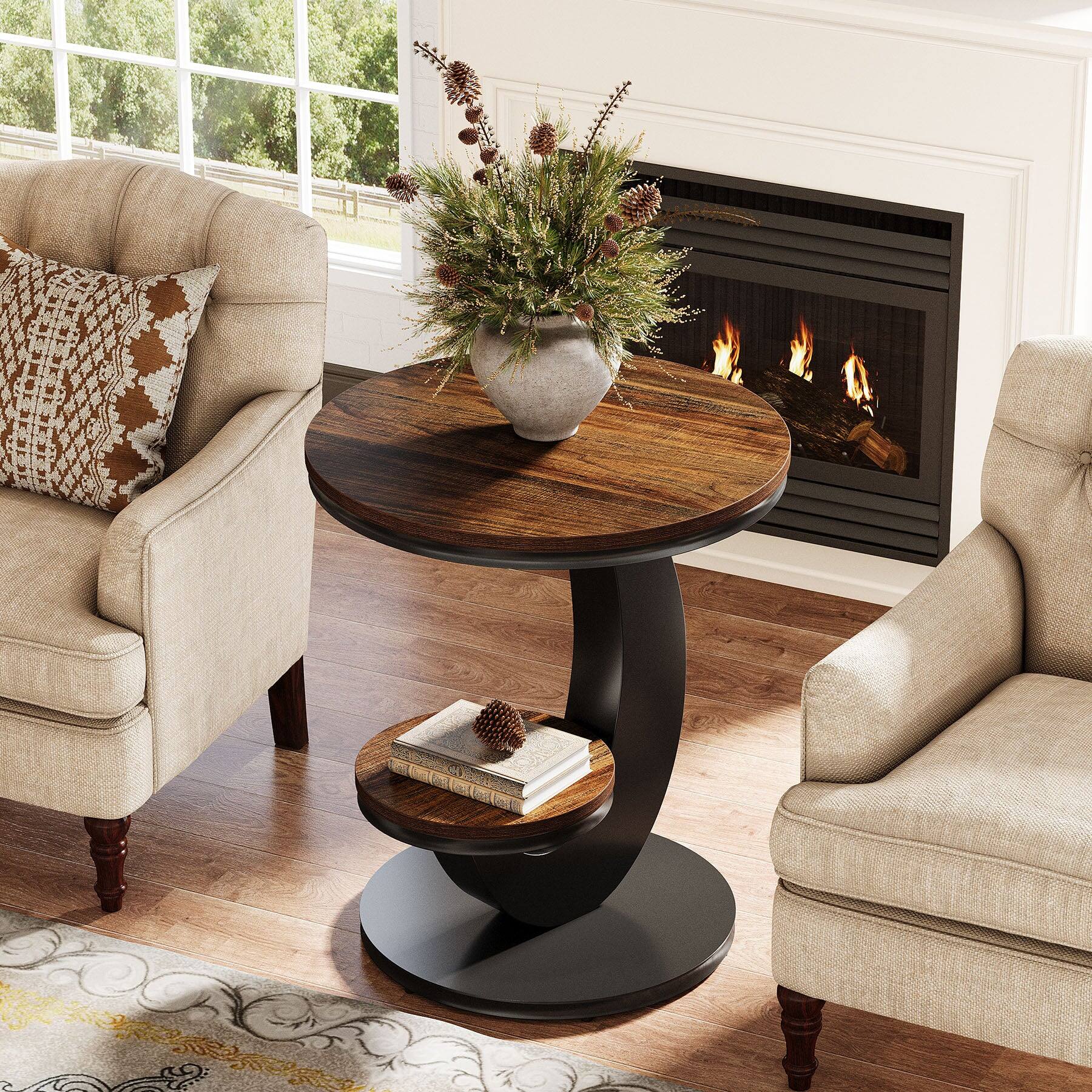 Back. Tribesigns - End Table with Engineered Wood Construction and Storage Shelves for Living Room, Bedroom and Entryway - Brown.