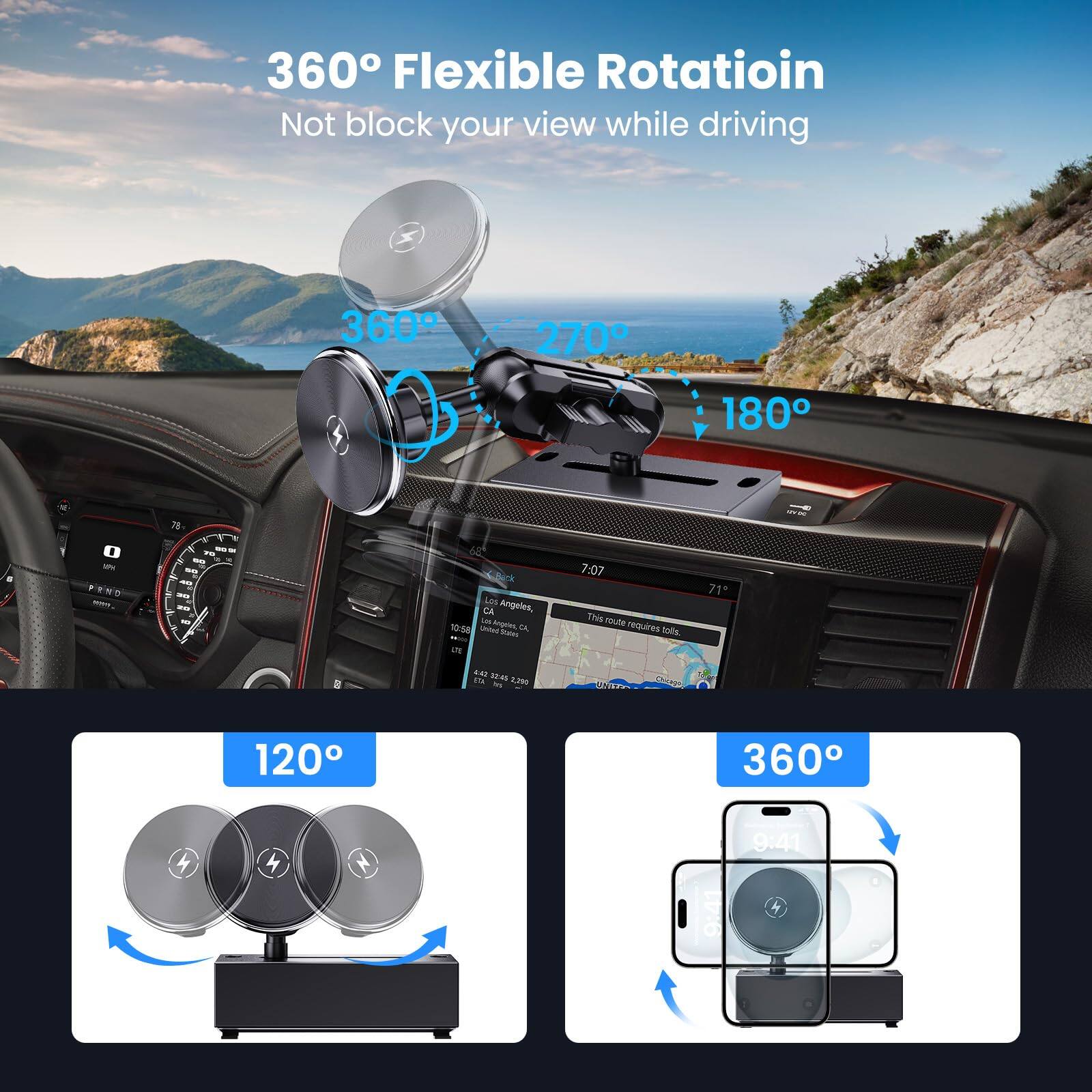 360° Flexible Rotation  
Not block your view while driving  

360°  
270°  
180°  

120°  

360°