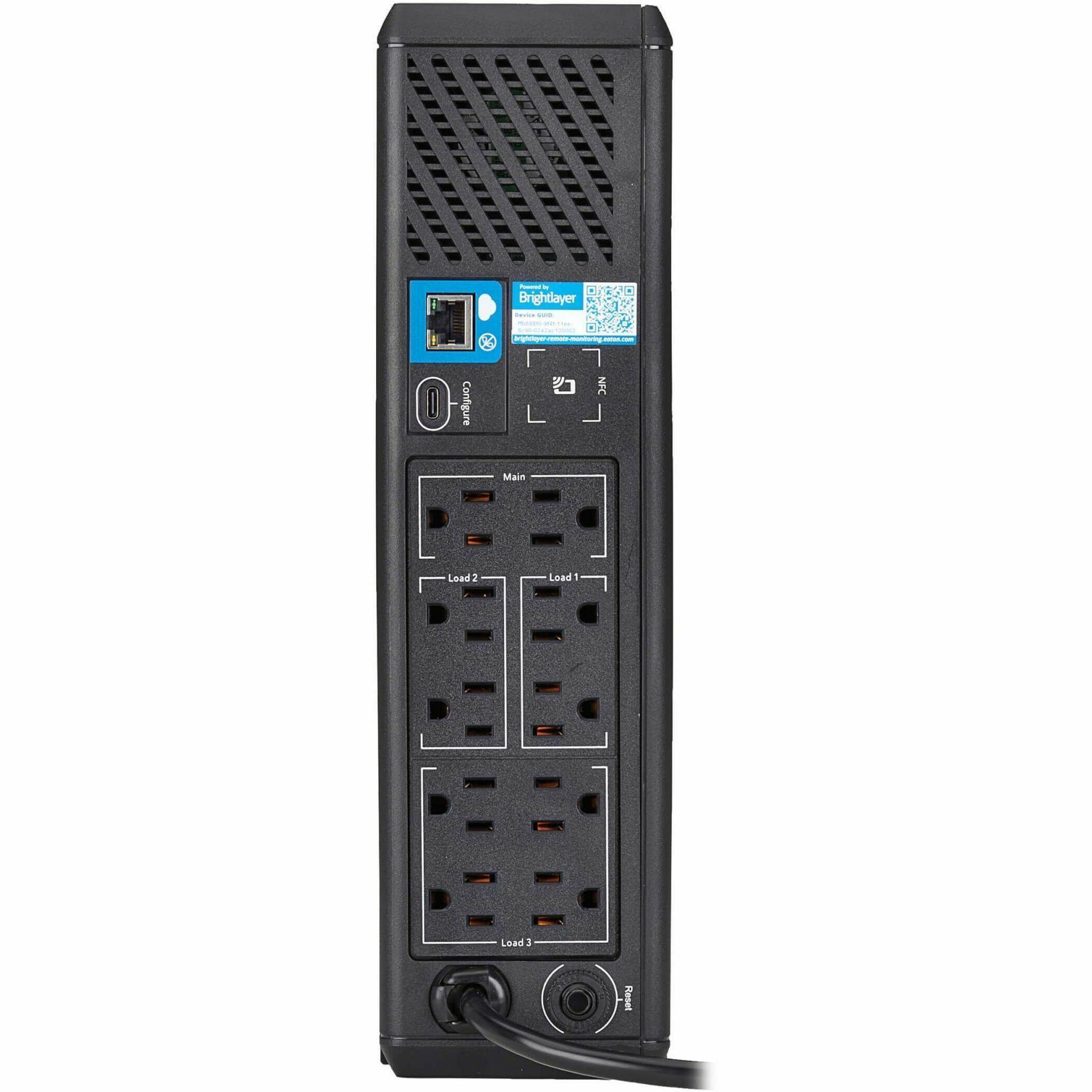 Sure, here is the corrected and grouped text from the image:

**Top Section:**
- Brightlayer
- NFC Main Load 1 Load 2 Load 3 Resel

**Left Section:**
- Configure K

**USB Port Section:**
- Powered USB
- Connect to configure

**Outlet Sections:**
- Main
- Load 1
- Load 2
- Load 3

**Bottom Section:**
- Reset