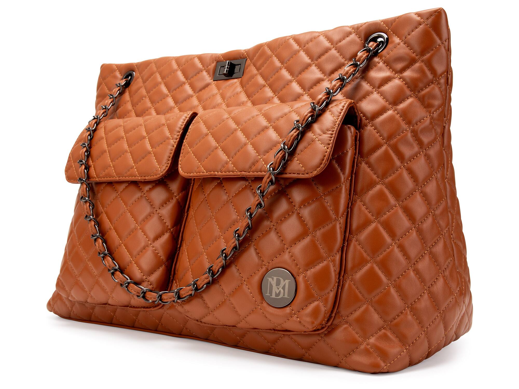 Alt View 4. Badgley Mischka - BADGLEY MISCHKA Diana XL Quilted Vegan Leather Travel Weekender Tote Bag | Brown - Brown.