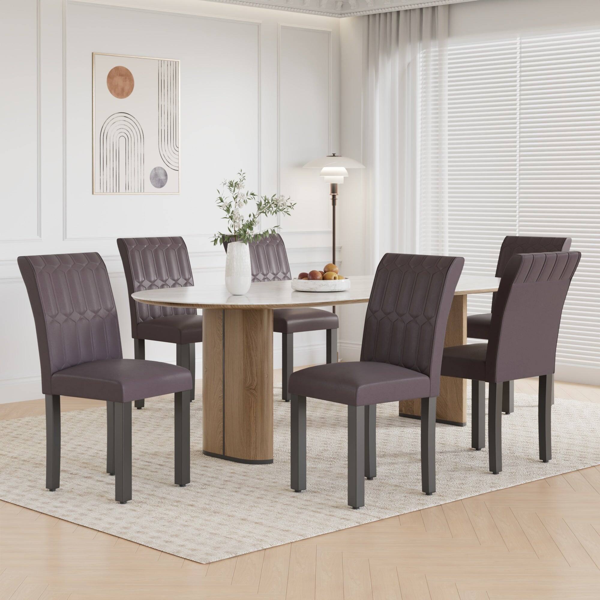 Alt View 1. Vecelo - Set of 6 PU Leather Dining Chairs  - Ergonomic High Back Chairs With Solid Wood Legs - Coffee.