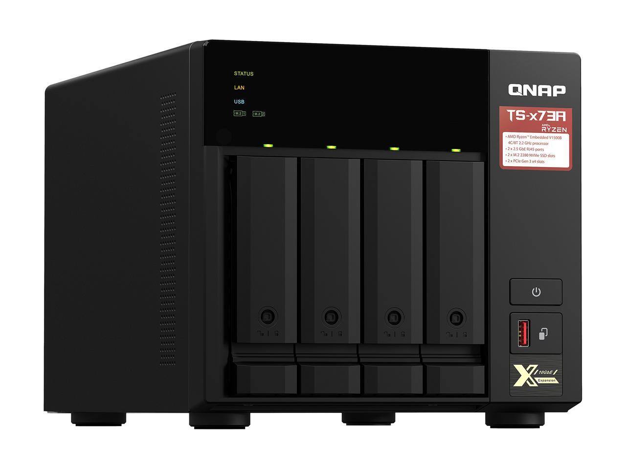 STATUS LAN USB DELM ID QNAP TS-x73A ~ R ZEN AMD Ryzen Embedded V15008 4C/8T 2.2 GHz processor 2 x 3.5" HDD/SSD ports 2 x M.2 2280 NVMe SSD slots 2 x PCIe Gen 3 x 4 slots