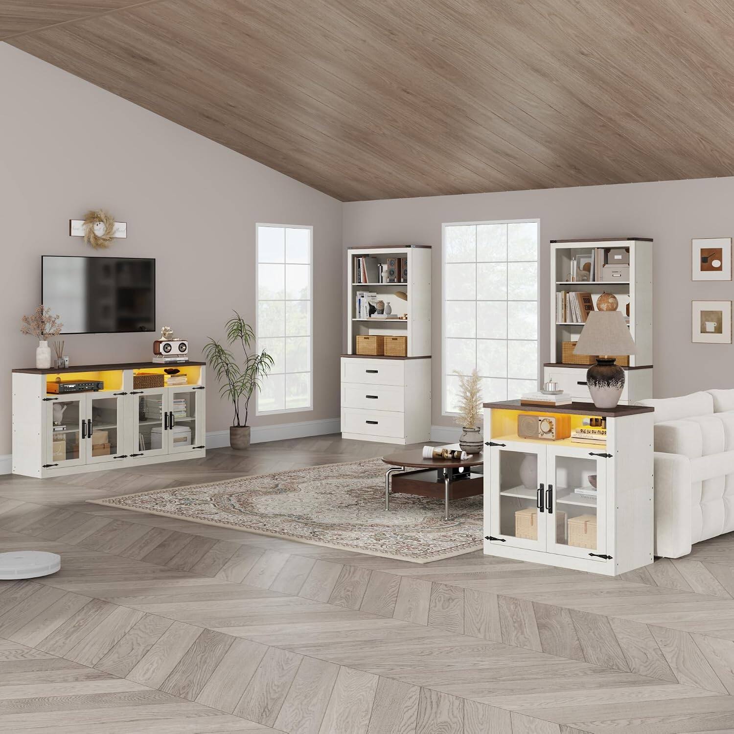 Back. Espafurni - 157" 4-Piece Entertainment Center for TVs up to 100", TV Stand with Bookshelves, Doors & Drawer(3-Box Set) - White.