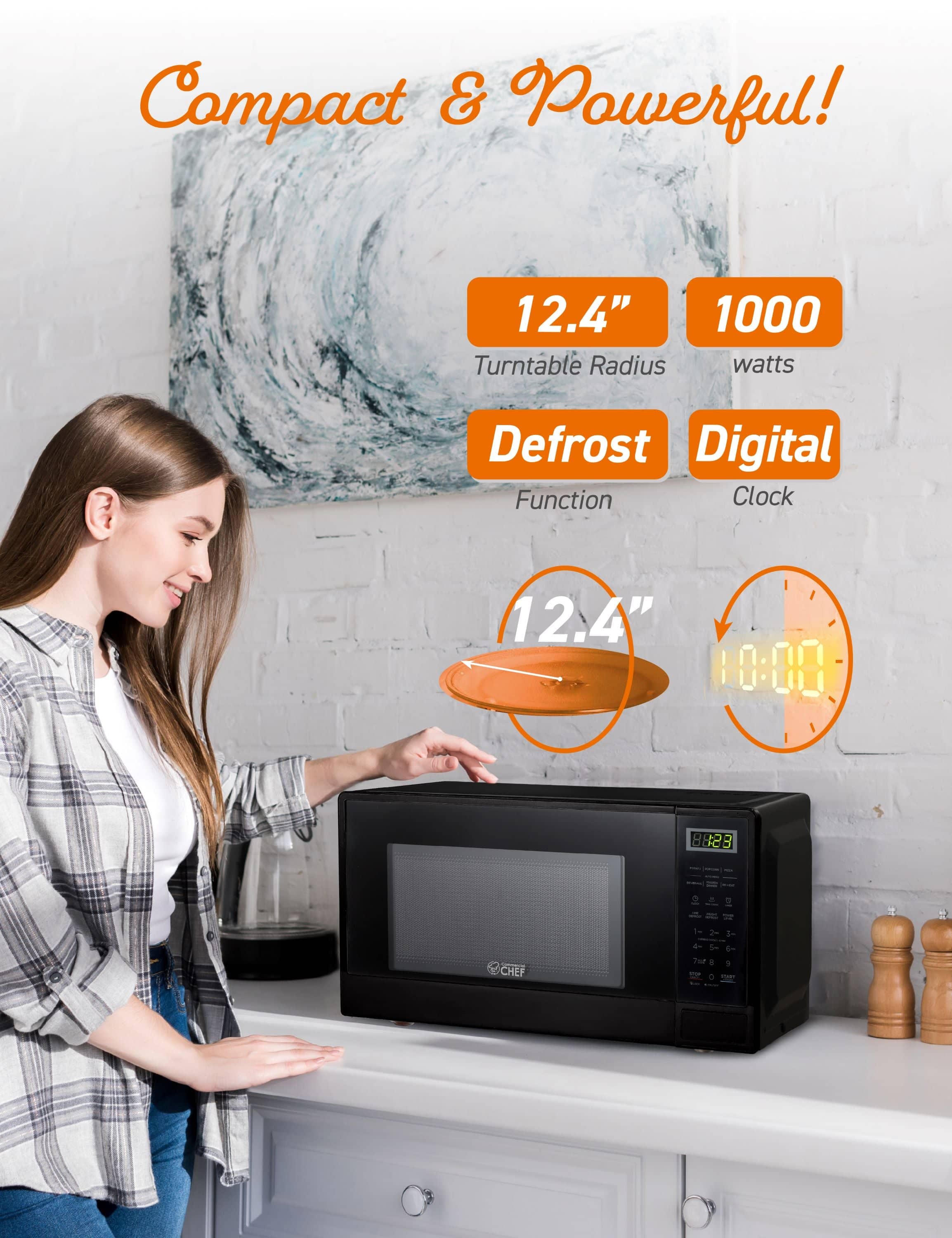 Compact & Powerful! 12.4" Turntable Radius 1000 watts Defrost Function Digital Clock 12.4" 10:00 823 2 ? CHEF 4 d 4- Tue . . - a T