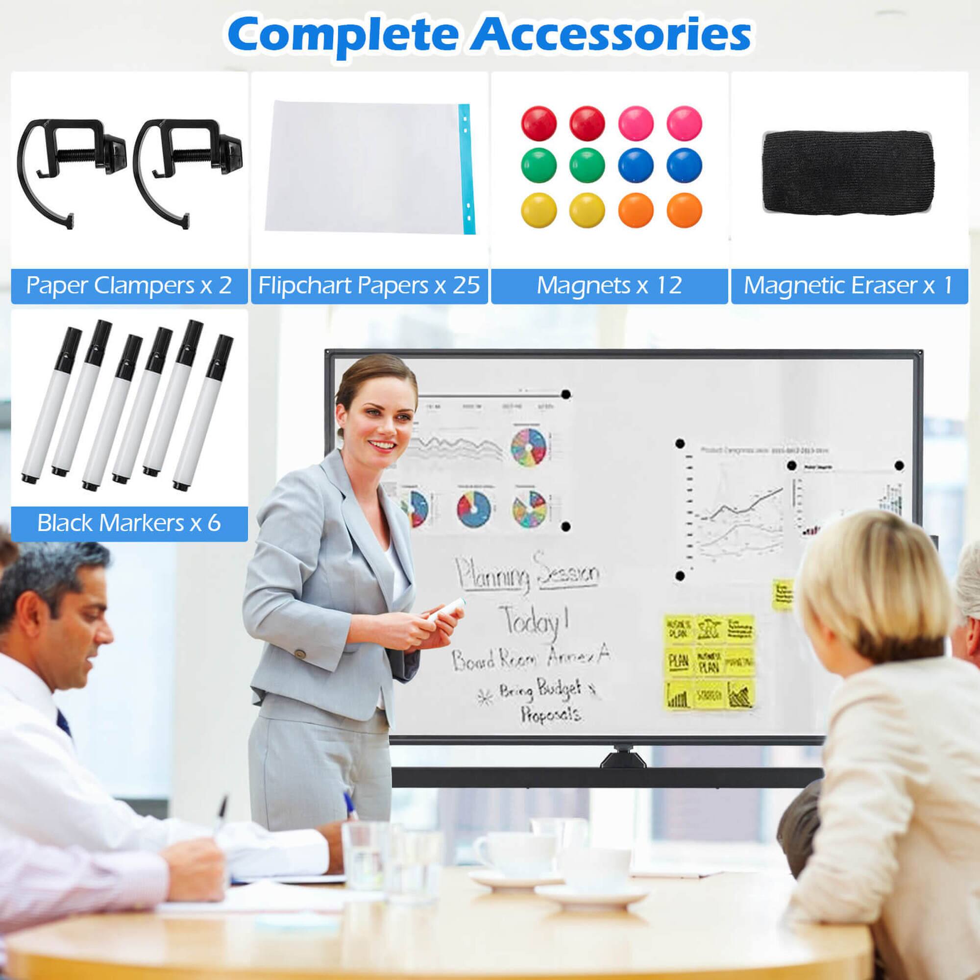 Complete Accessories:

* Paper Clampers: 2
* Flipchart Papers: 25
* Magnets: 12
* Magnetic Eraser: 1
* Black Markers: 6
* Planning Session: Today!
* Budget Proposals: 1
* Plan Seer: 1