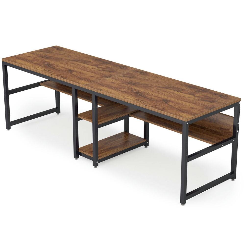 Angle. Kadyn - Kadyn Study Writing Desk, 79" Two Person Computer Desk Double Workstation with Shelves,Rustic Brown - Brown.