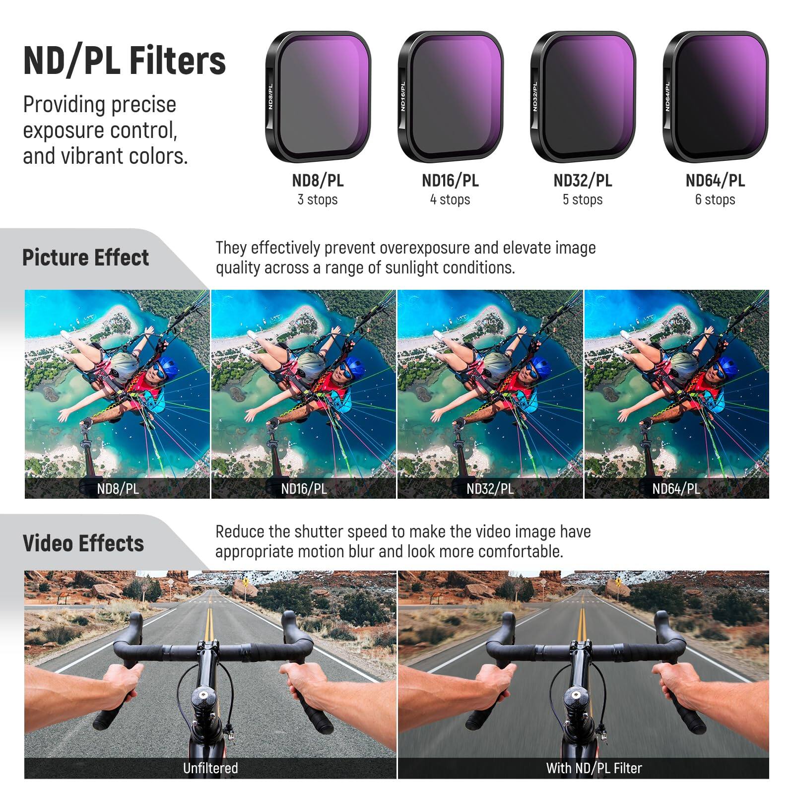 ND/PL Filters  
Providing precise exposure control, and vibrant colors.  

ND8/PL 3 stops  
ND16/PL 4 stops  
ND32/PL 5 stops  
ND64/PL 6 stops  

Picture Effect  
They effectively prevent overexposure and elevate image quality across a range of sunlight conditions.  

Video Effects  
Reduce the shutter speed to make the video image have appropriate motion blur and look more comfortable.  

Unfiltered  
With ND/PL Filter