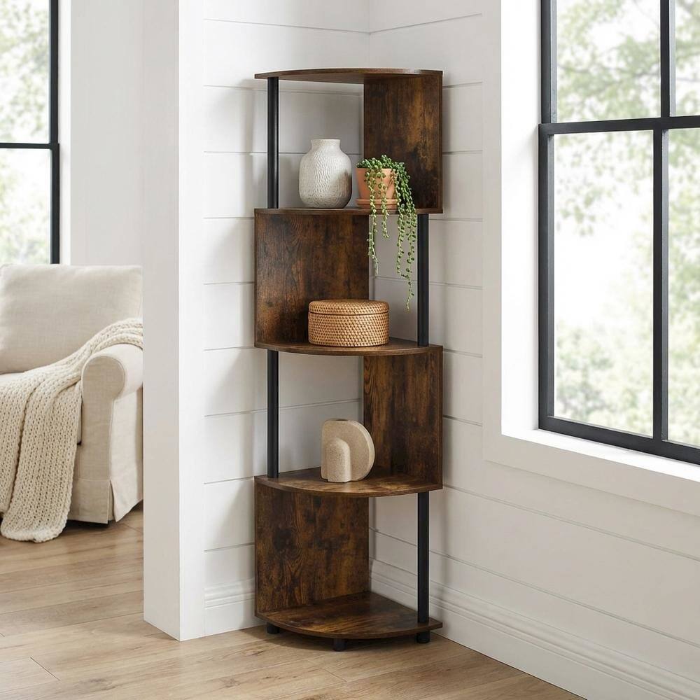 Angle. FurniFact - 4-Tier Zigzag Corner Shelf Bookcase, Multi-Level Storage - Amber Pine/Black.
