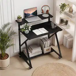 WELLFOR - 32" Rolling Computer Desk with Charging Station, Mobile Laptop PC Work Table with Storage Shelf for Small Spaces - Black