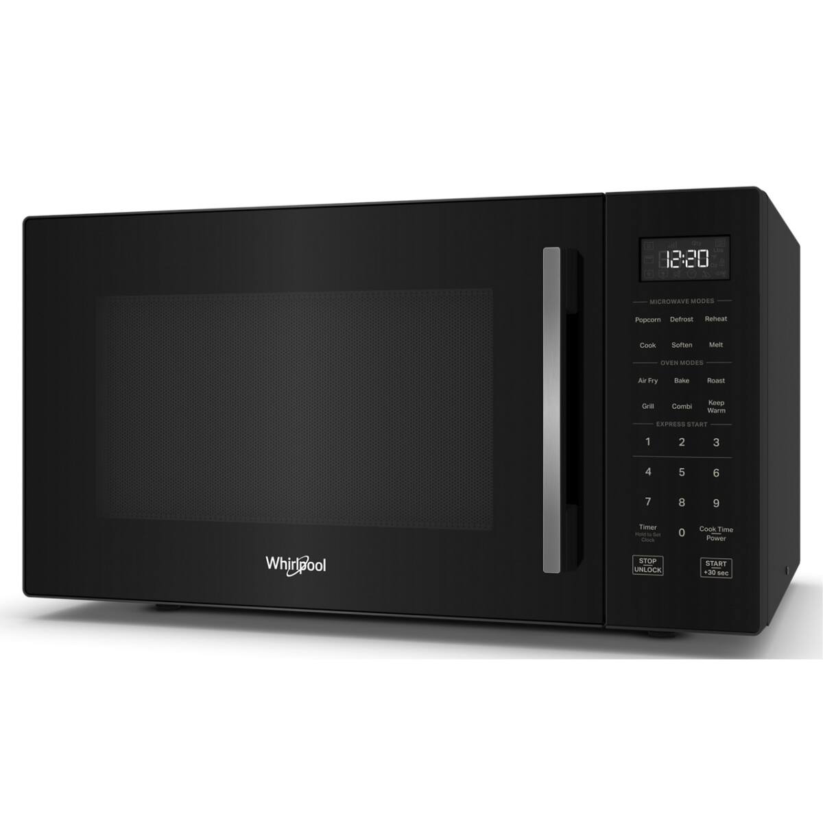 12:20  
MICROWAVE MODES  
Popcorn Defrost Reheat  
Cook Soften Melt  
OVEN MODES  
Air Fry Bake Roast  
Grill Combi Keep Warm  
ESPRESS START  
1 2 3  
4 5 6  
7 8 9  
Whirlpool  
Timer - .  
Cook Time Power  
STOP UNLOCK  
START +30 sec