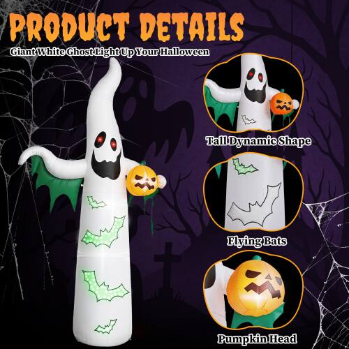 PRODUCT DETAILS  
Giant White Ghost Light Up Your Halloween  
Tall Dynamic Shape  
Flying Bats  
Pumpkin Head