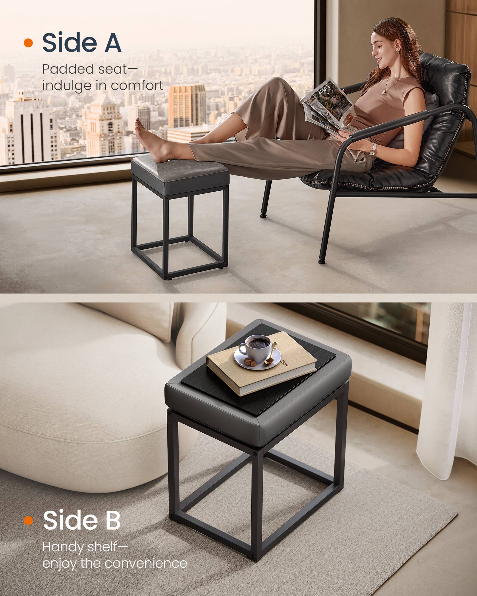 Side A: Padded seat—indulge in comfort  
Side B: Handy shelf—enjoy the convenience