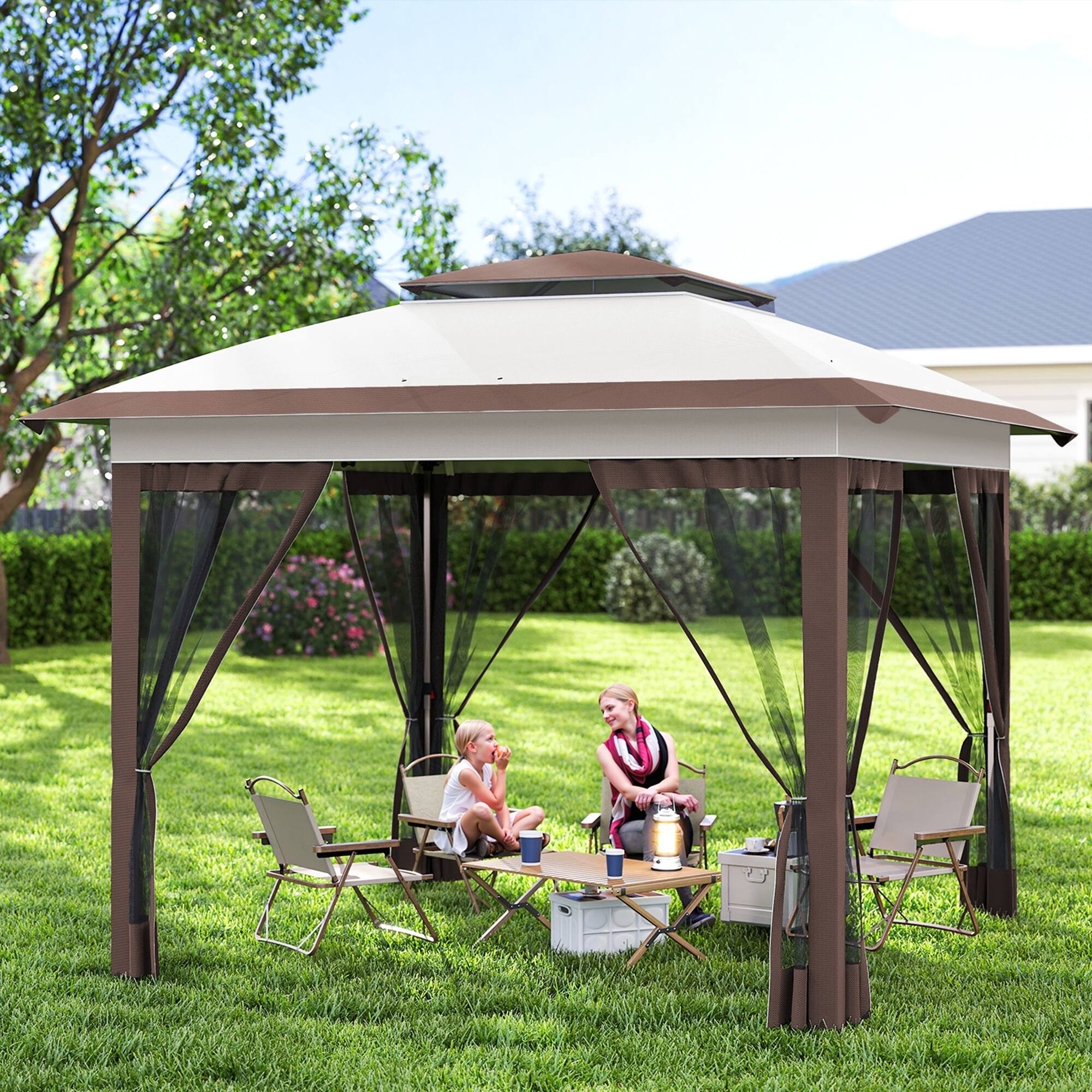 Alt View 1. Outsunny - x 12' Pop Up Canopy Tent with Netting and Carry Bag, Instant Sun Shelter with 137 sq.ft Shade - Beige and Brown.