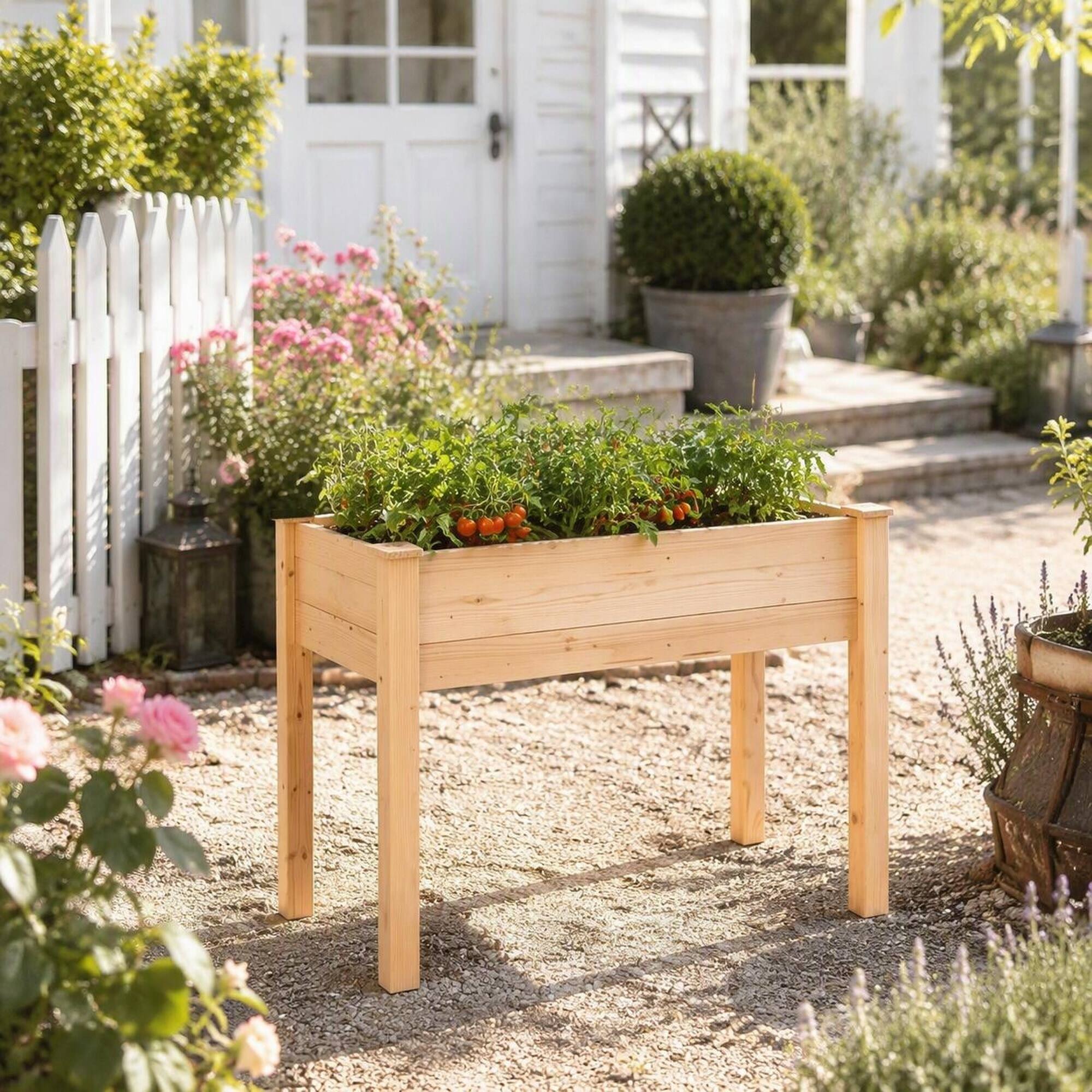 Left. RYHNUYNE - Raised Wooden Planter Box on Legs for Vegetables and Flowers, Natural Fir Garden Bed with Self-Draining Slats - Natural Wood.