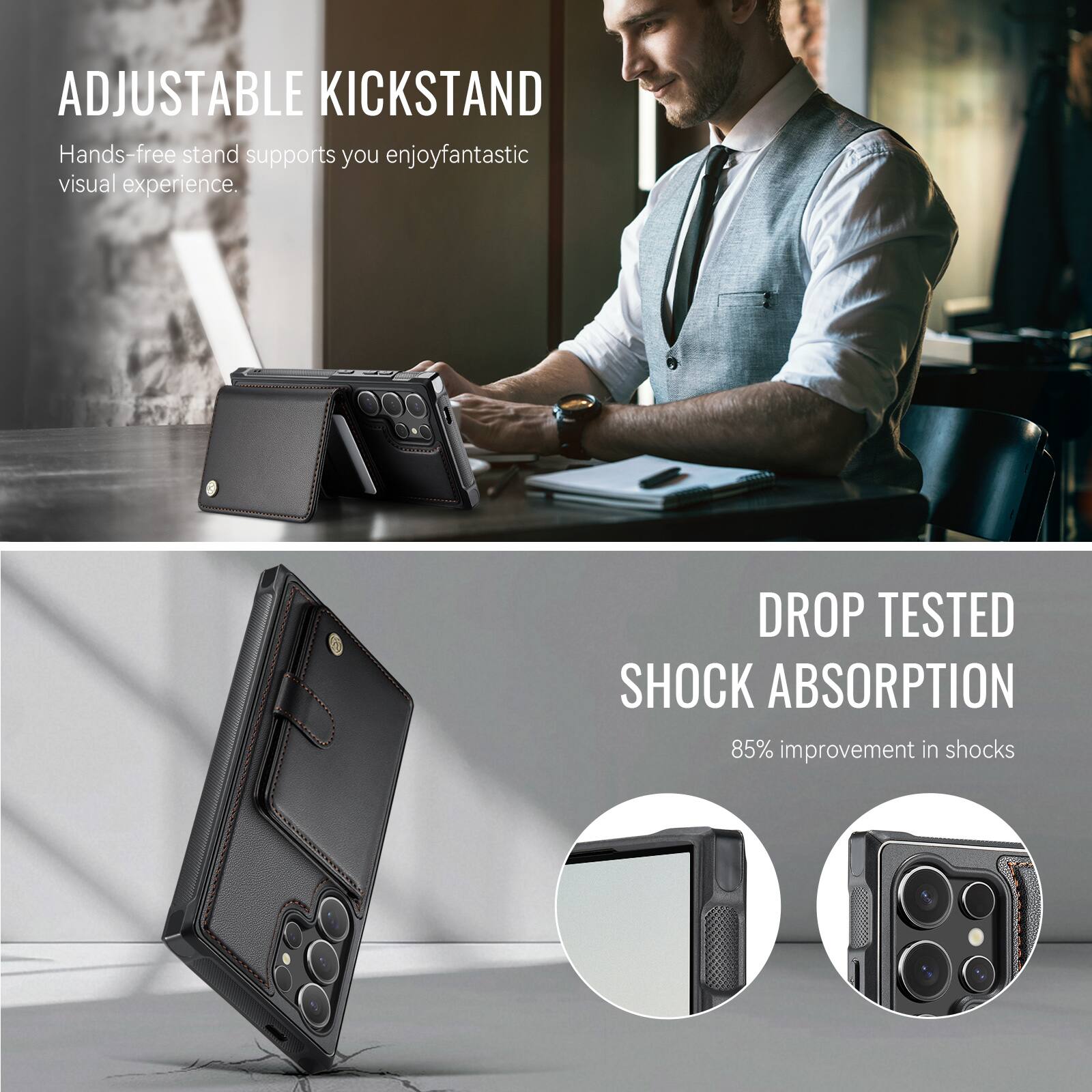 ADJUSTABLE KICKSTAND  
Hands-free stand supports you enjoy fantastic visual experience.  

DROP TESTED SHOCK ABSORPTION  
85% improvement in shocks