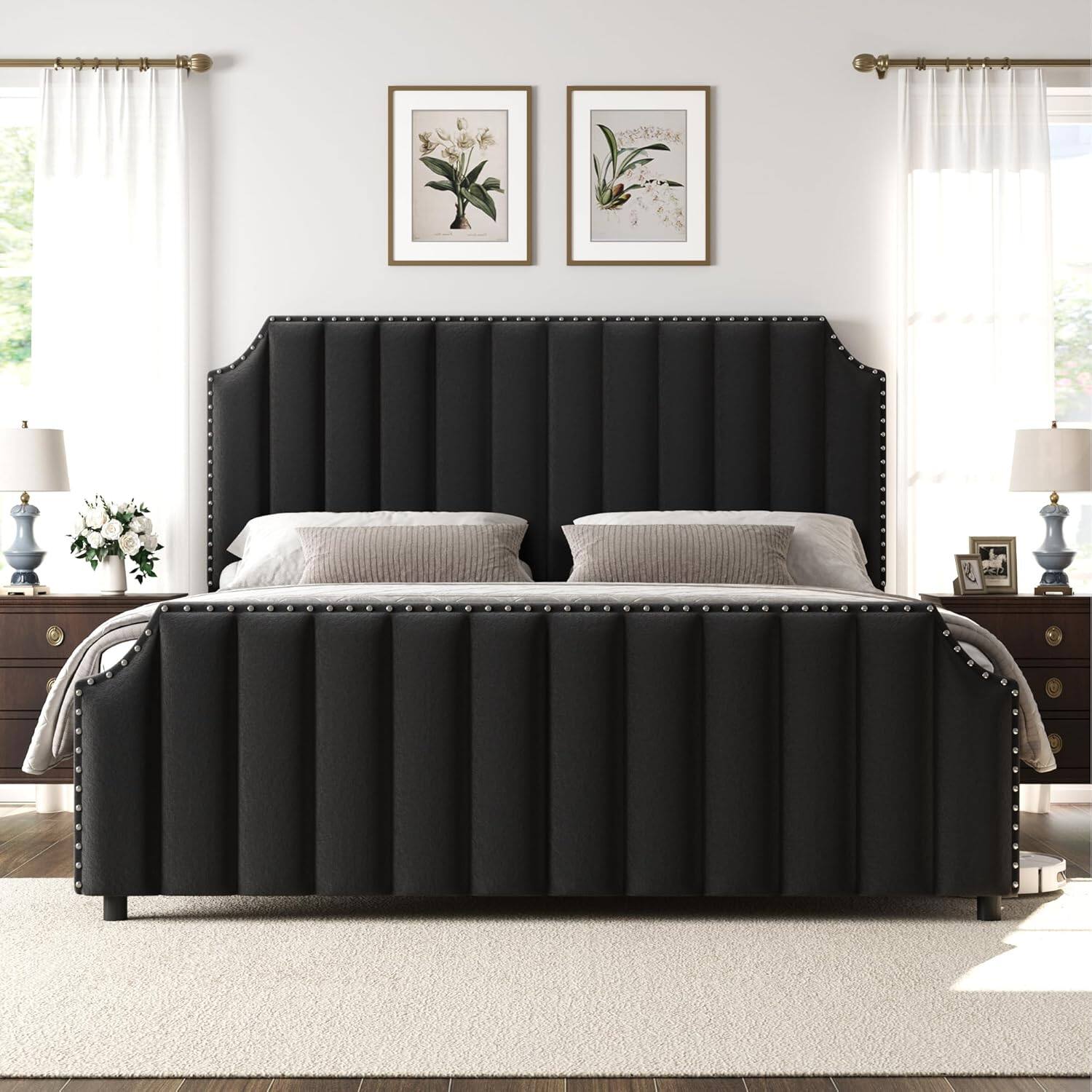 Front. GARVEE - California King Platform Bed Frame - 50.2" Tall Velvet Headboard, No Box Spring Needed, Black - Black.