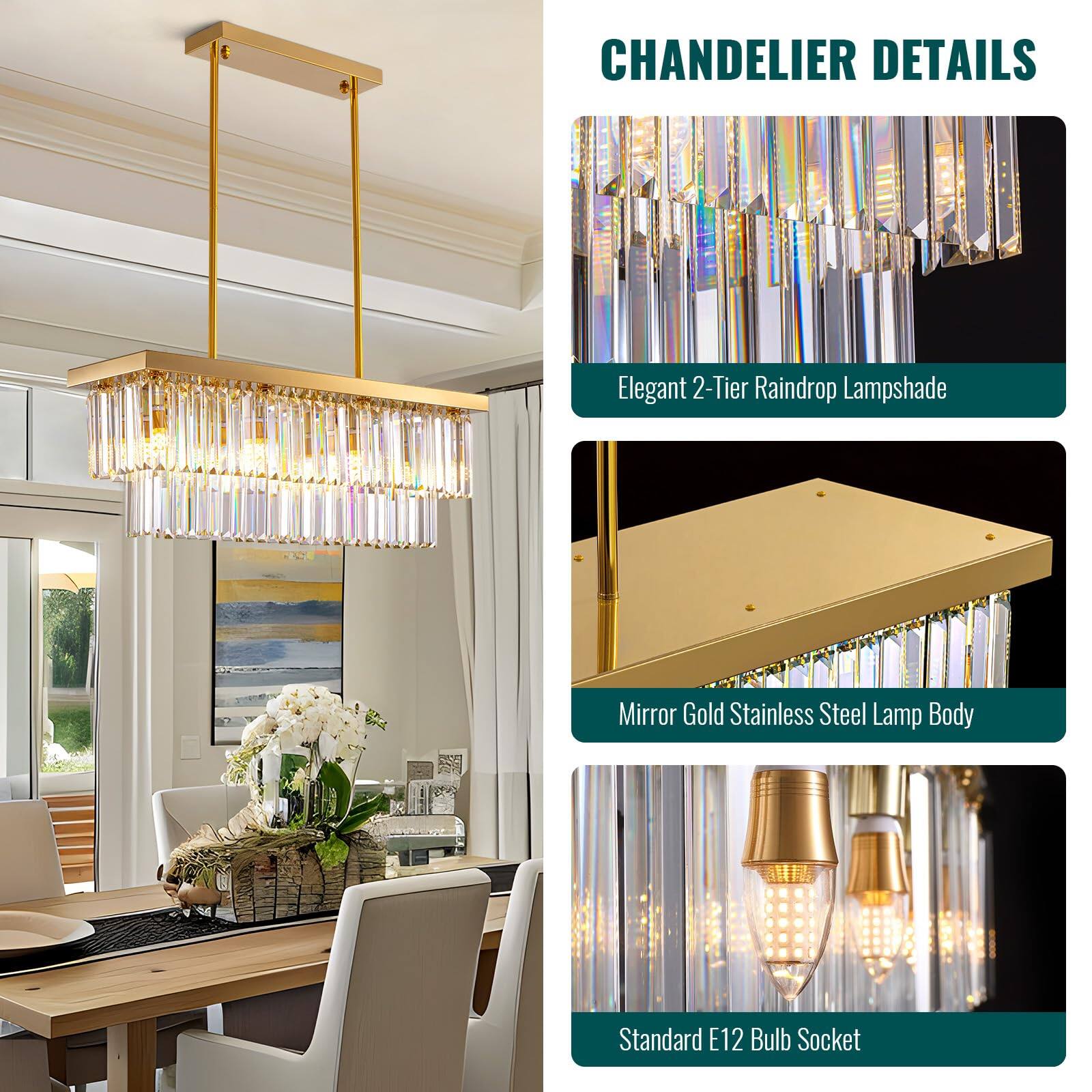 CHANDLER DETAILS

Elegant 2-Tier Raindrop Lampshade

Mirror Gold Stainless Steel Lamp Body

Standard E12 Bulb Socket