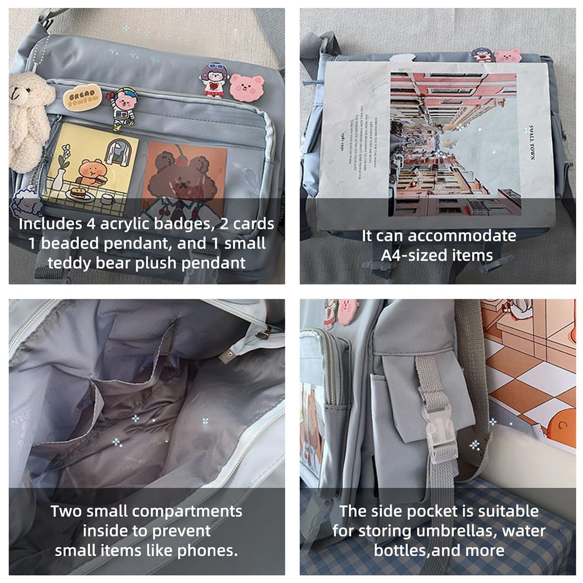 Sure, here is the corrected and grouped text:

---

**Includes:**
- 4 acrylic badges
- 2 cards
- 1 beaded pendant
- 1 small teddy bear plush pendant

**Features:**
- Can accommodate A4-sized items
- Two small compartments inside to prevent small items like phones
- The side pocket is suitable for storing umbrellas, water bottles, and more

---