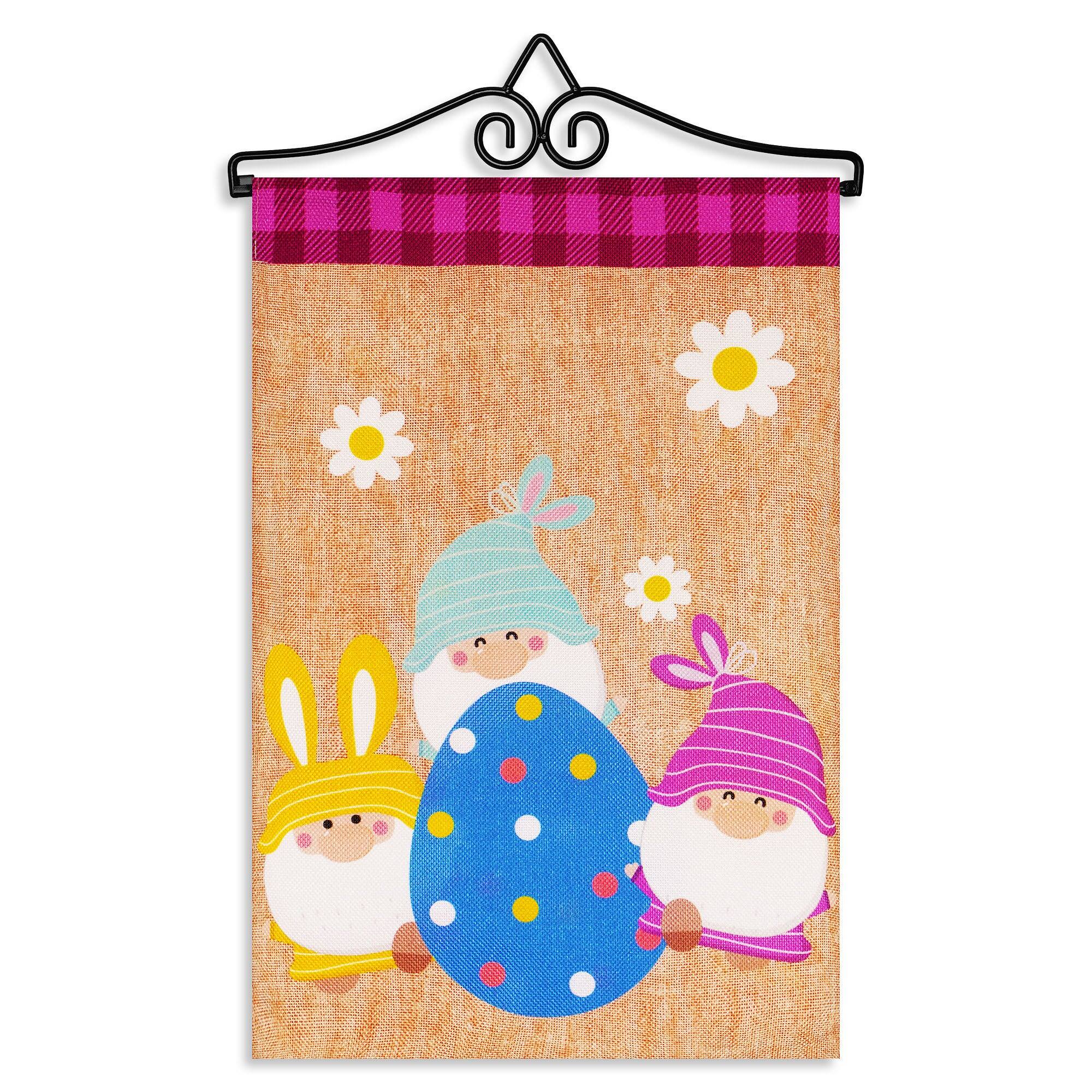 G128 - Combo Garden Flag Hanger 14.2 in with 12x18 in Double-Sided Burlap Flag, 3 Gnomes with Large Easter Egg - Multicolor