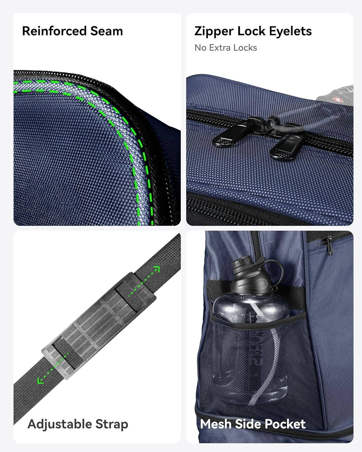 Reinforced Seam  
Zipper Lock Eyelets  
No Extra Locks  
Adjustable Strap  
Mesh Side Pocket