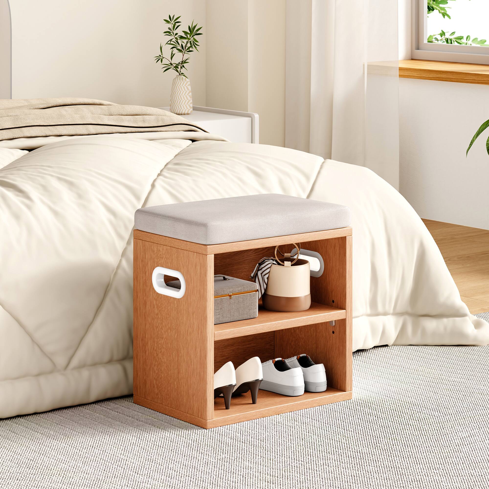 Back. GOODSILO - Compact Entryway Shoe Storage Bench with Removable Cushion for Seating and Organization - Beige+Oak.