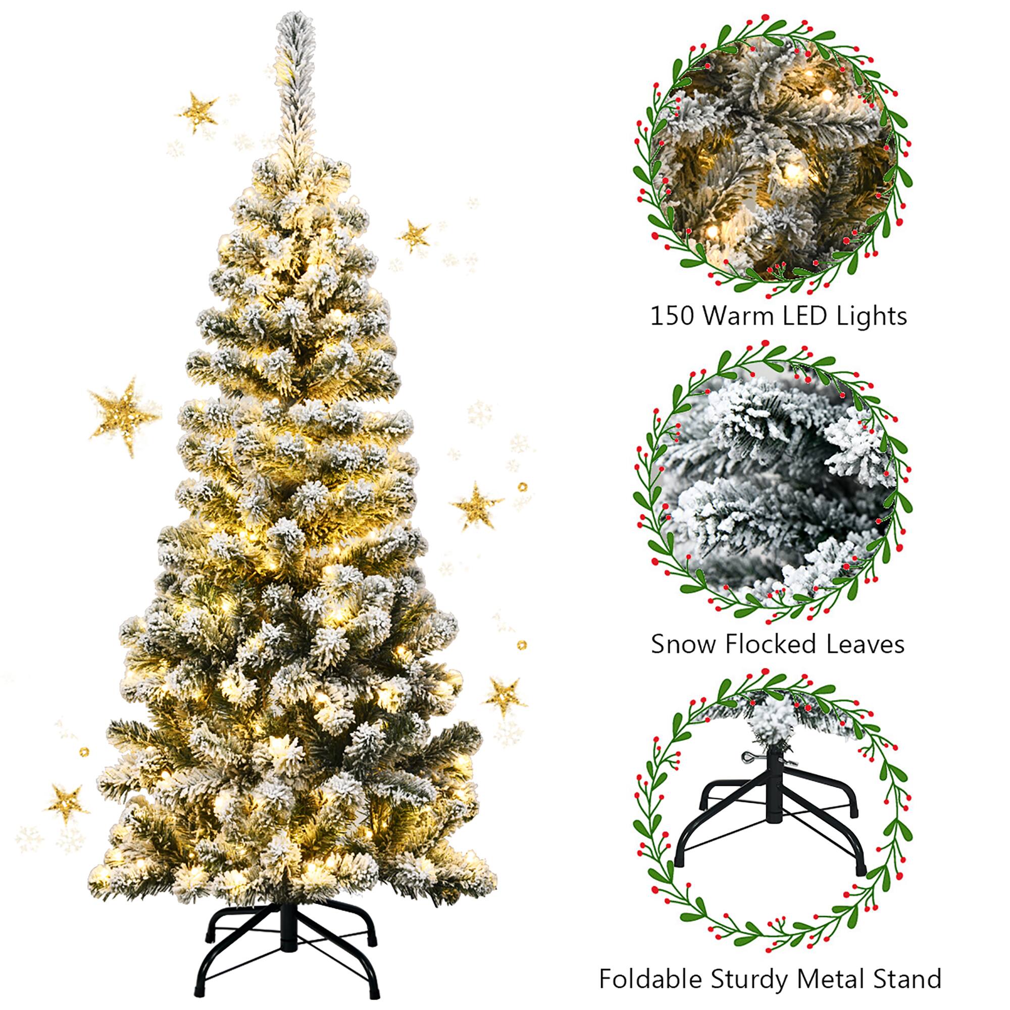 150 Warm LED Lights  
Snow Flocked Leaves  
Foldable Sturdy Metal Stand