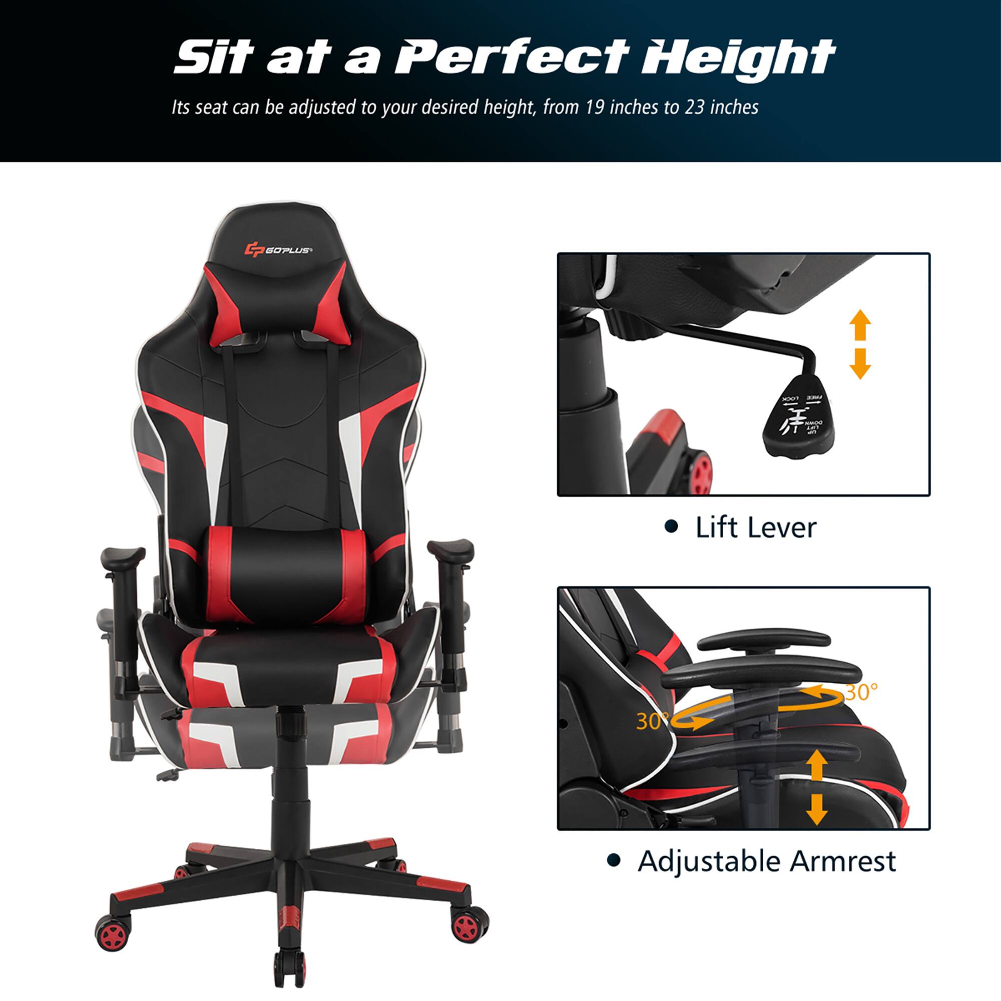 Sit at a Perfect Height Its seat can be adjusted to your desired height, from 19 inches to 23 inches. The chair features a lift lever, allowing you to adjust the height of the chair. Additionally, the chair has adjustable armrests for added comfort.