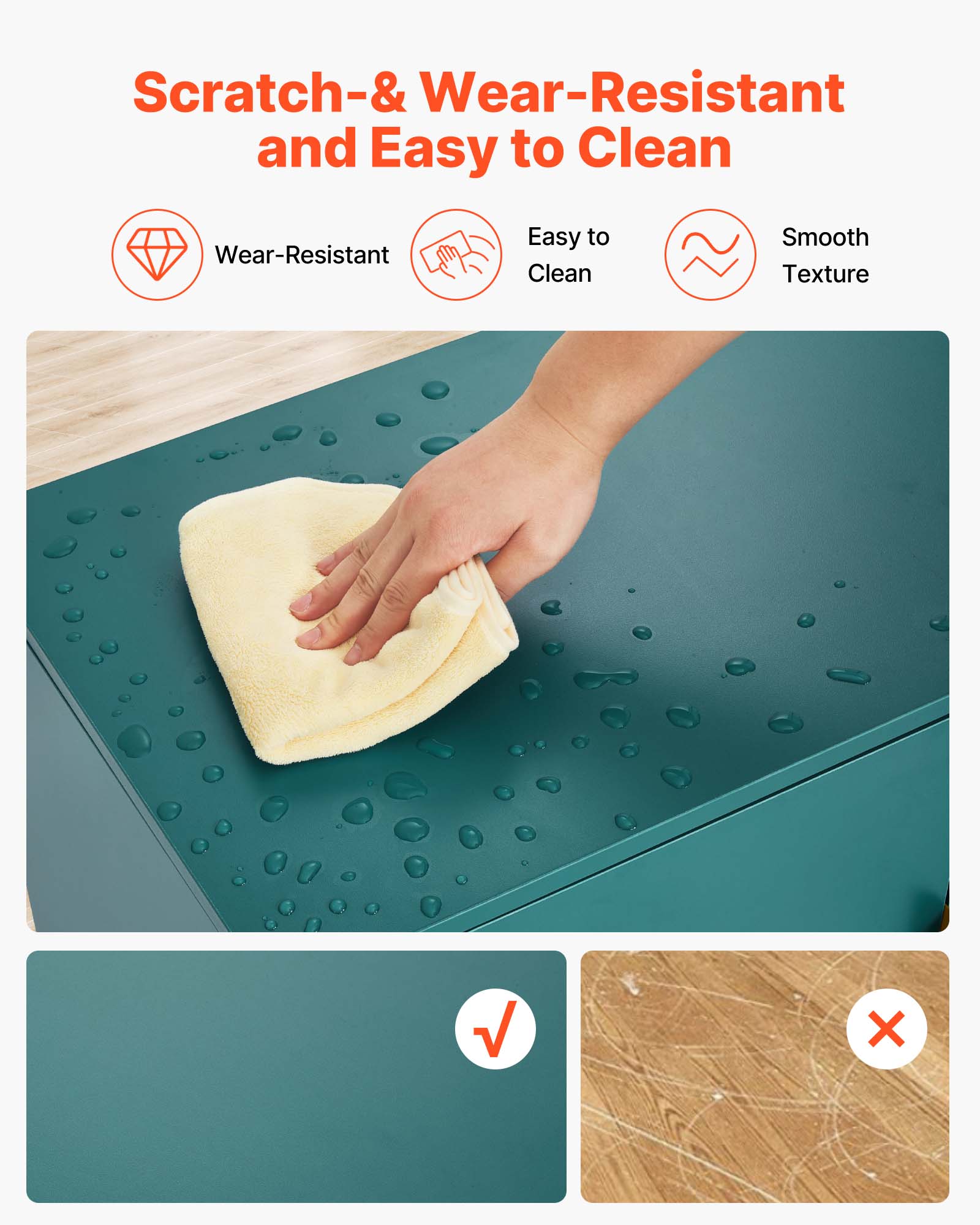The text on the image can be grouped and corrected as follows:

- Scratch- & Wear-Resistant
- Easy to Clean
- Smooth Texture

The text in the image is: "Scratch-& Wear-Resistant and Easy to Clean Wear-Resistant Easy to Clean Smooth Texture"