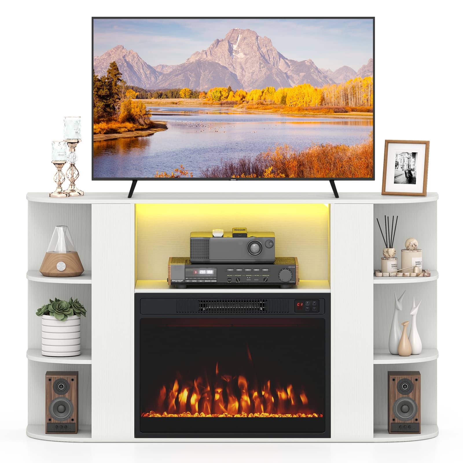 Costway - Entertainment Center with Storage, 23" Electric Fireplace with Adjustable Flame Colors - White Crystal