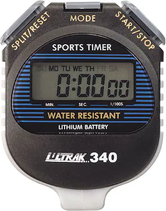 MODE SPLIT/RESET SPORTS TIMER START/STOP
SU MO TU WE TH FR SA
0:00.00
1 MIN. SEC. 1/100S.
WATER RESISTANT
LITHIUM BATTERY
LTRAK 340