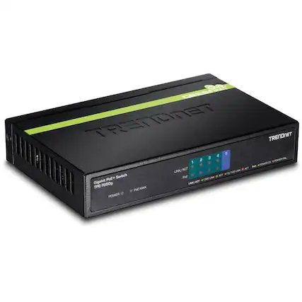 TRENDnet
GREEN
Gigabit PoE+ Switch
TPE-TG50g
POWER
PoE MAX
LINK/ACT 1 2 3 4 5
10/100 LINK/ACT
1000 LINK/ACT
POWER OK
POWER FAIL