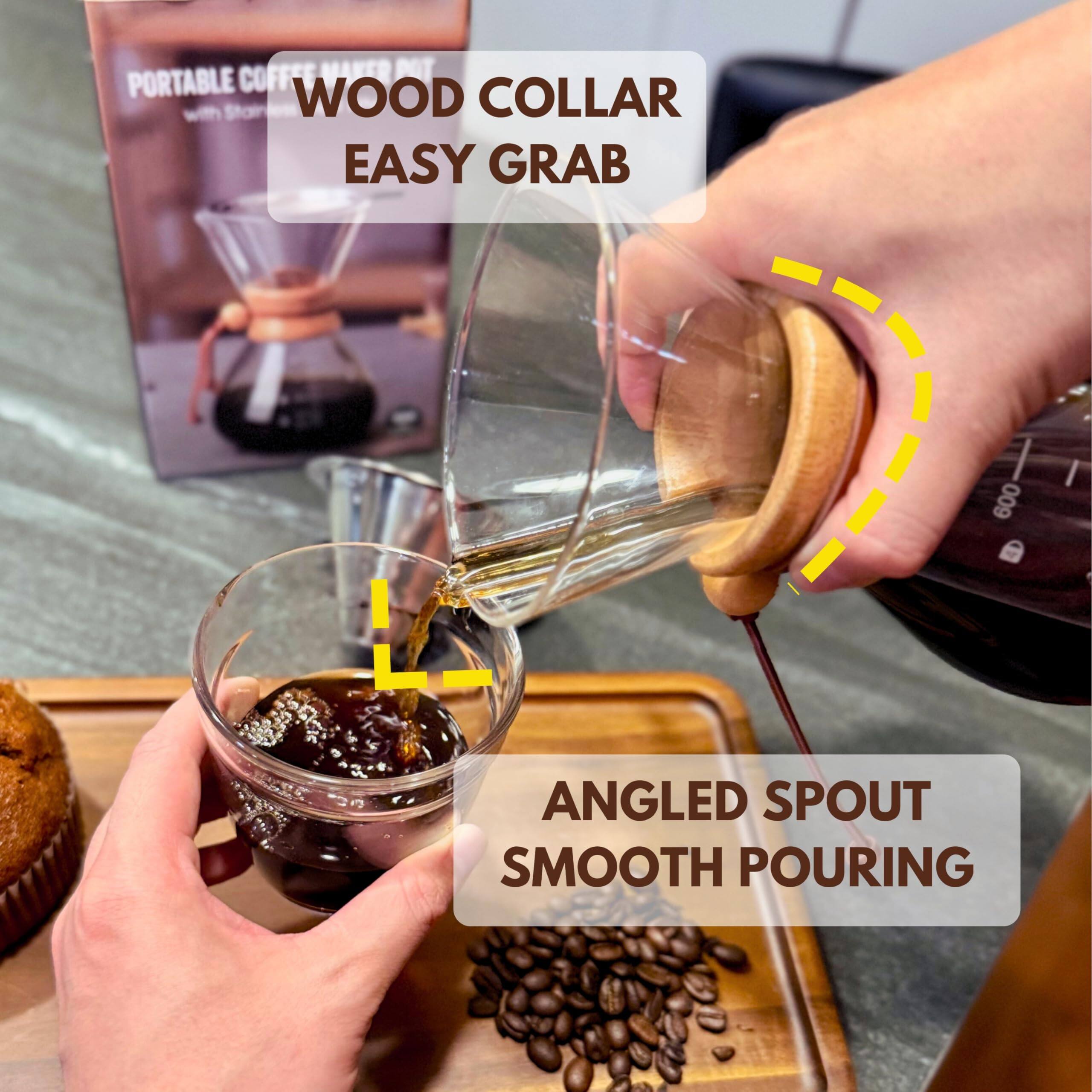 PORTABLE COFFEE MAKER POT  
WOOD COLLAR EASY GRAB  
ANGLED SPOUT SMOOTH POURING