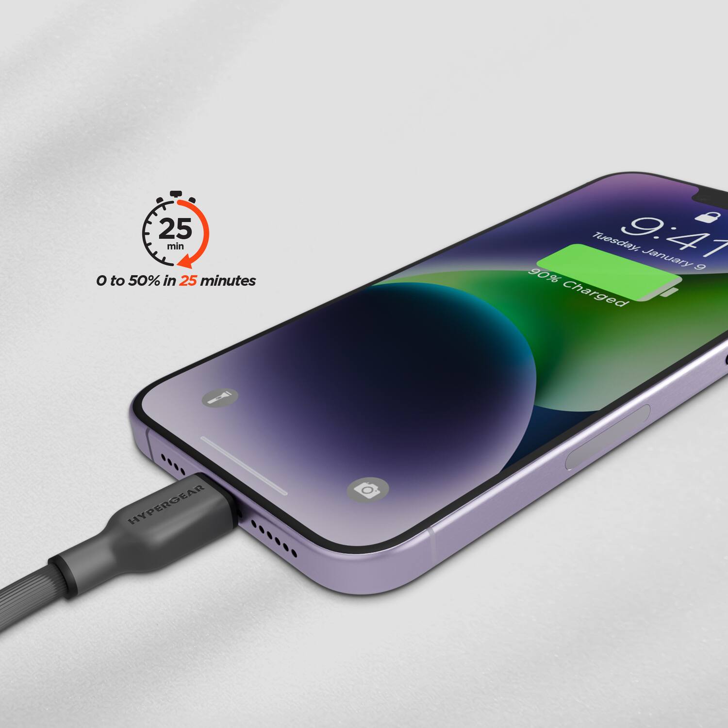 25 min  
0 to 50% in 25 minutes  

Tuesday, January 9  
9:41  
90% Charged  

HYPERGEAR