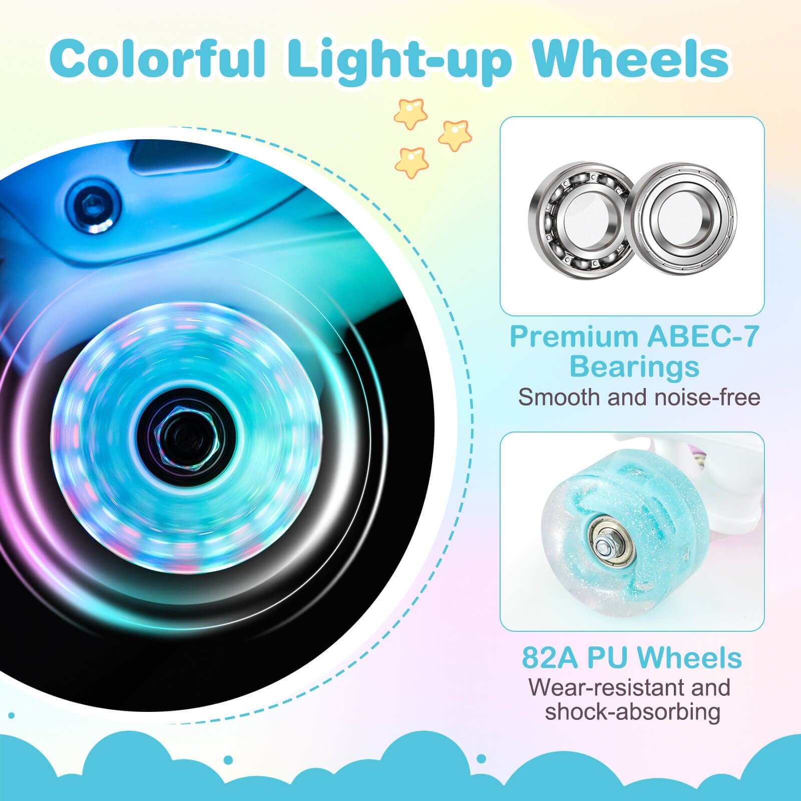 Colorful Light-up Wheels

Premium ABEC-7 Bearings  
Smooth and noise-free

82A PU Wheels  
Wear-resistant and shock-absorbing