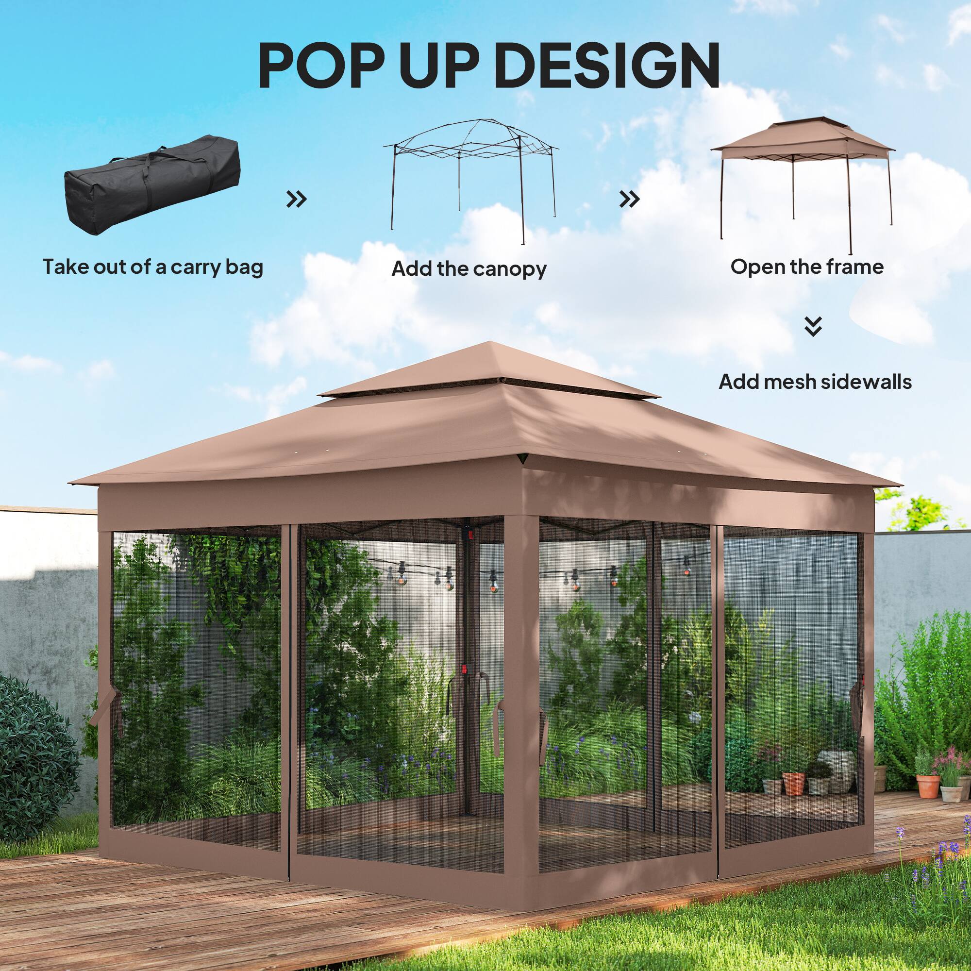 POP UP DESIGN

- Take out of a carry bag
- Add the canopy
- Open the frame
- Add mesh sidewalls