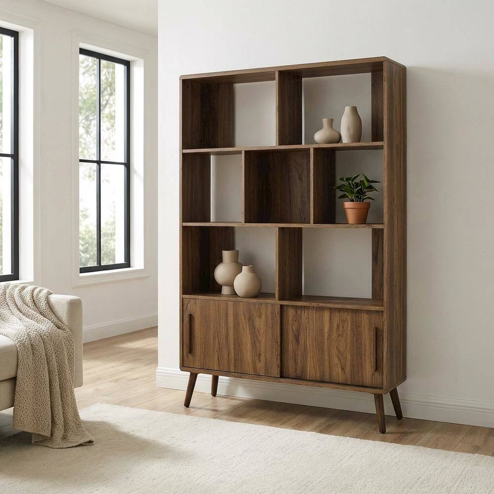 Left. FurniFact - Bookcase with Sliding Doors in Modern Design for Living and Office Space - Brown.