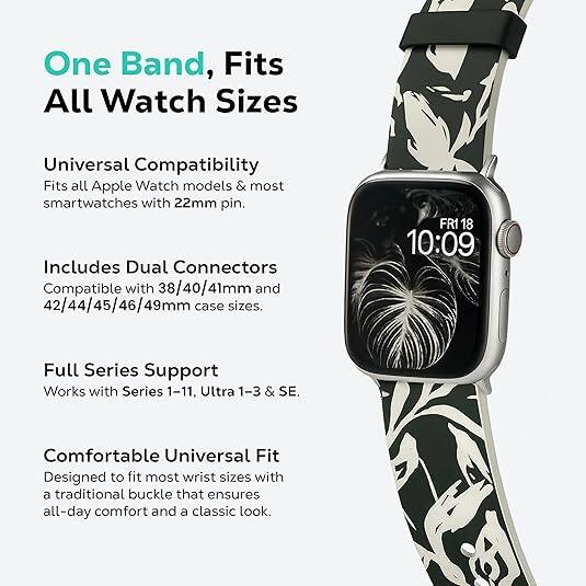 One Band, Fits All Watch Sizes

Universal Compatibility  
Fits all Apple Watch models & most smartwatches with 22mm pin.

Includes Dual Connectors  
Compatible with 38/40/41mm and 42/44/45/46/49mm case sizes.

Full Series Support  
Works with Series 1-11, Ultra 1-3 & SE.

Comfortable Universal Fit  
Designed to fit most wrist sizes with a traditional buckle that ensures all-day comfort and a classic look.
