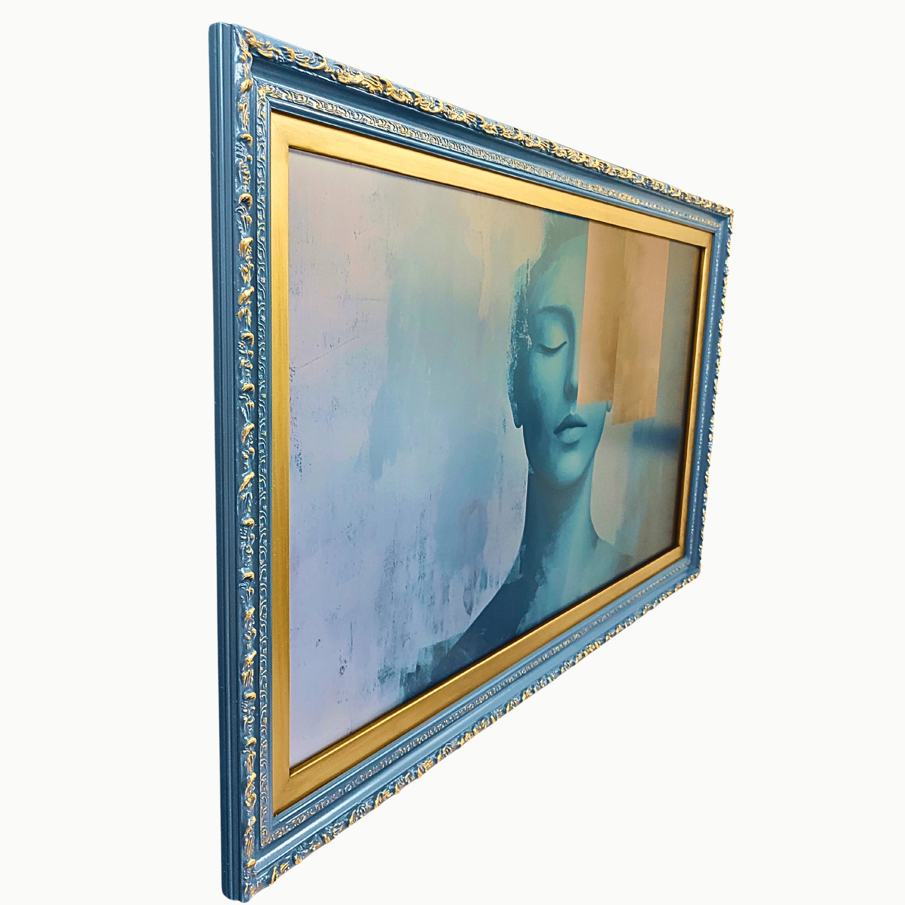 Angle. LAREDO FRAME FACTORY - 55 inch Hisense Canvas TV Ornate frame, Canvas TV by Hisense - HONKY TONK BLUE WITH GOLD.