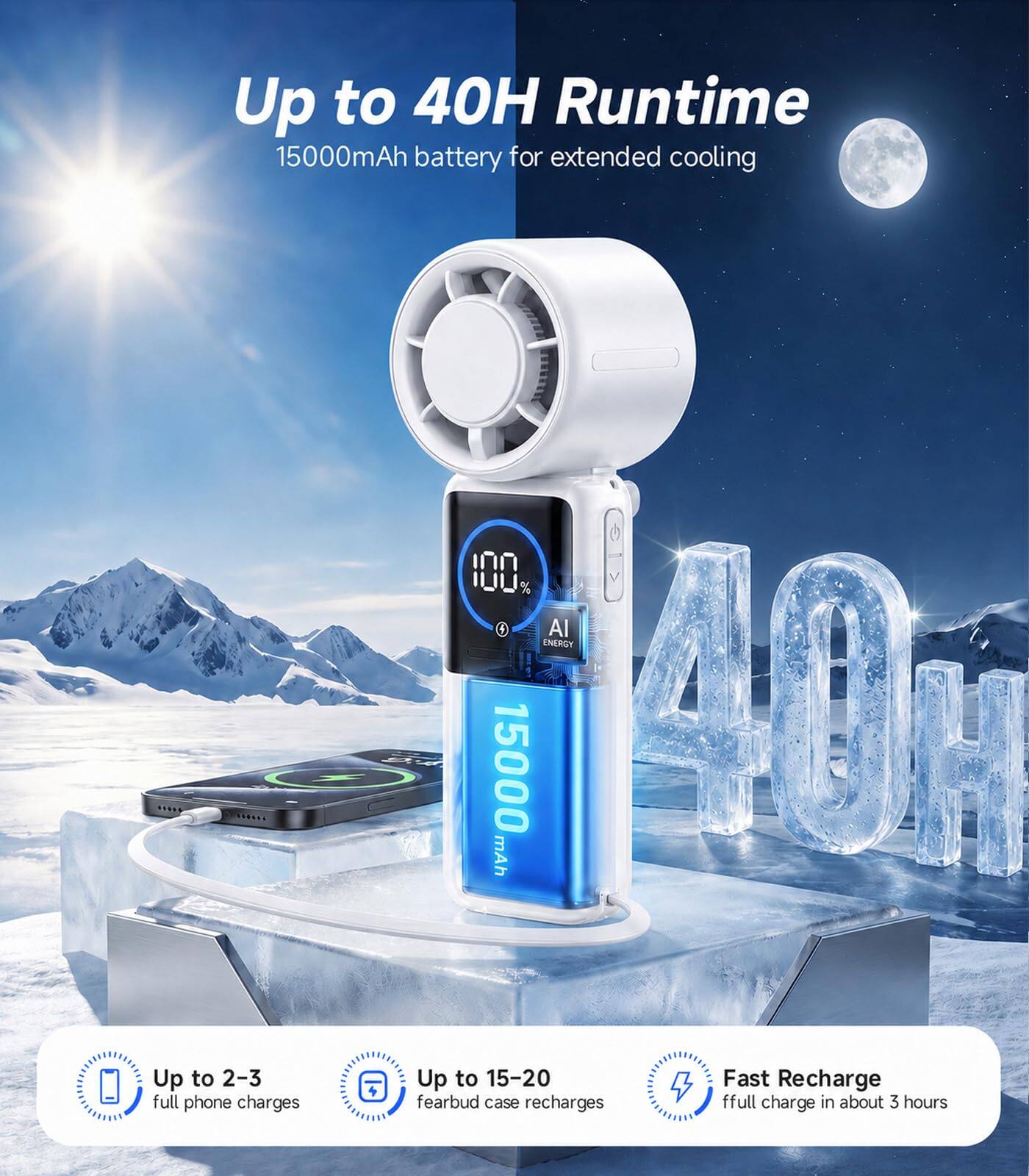 Up to 40H Runtime  
15000mAh battery for extended cooling  
Up to 2-3 full phone charges  
Up to 15-20 fearbud case recharges  
Fast Recharge  
Full charge in about 3 hours