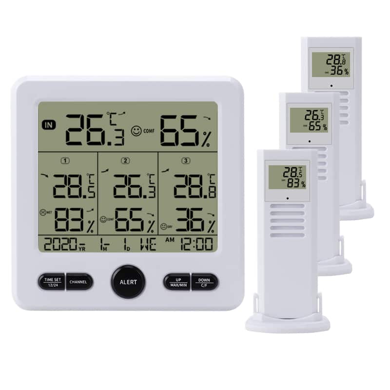 Cluzine - 3-in-1 Wireless Indoor Outdoor Thermometer Hygrometer, Large Screen Digital Monitor with Color Alarm Function