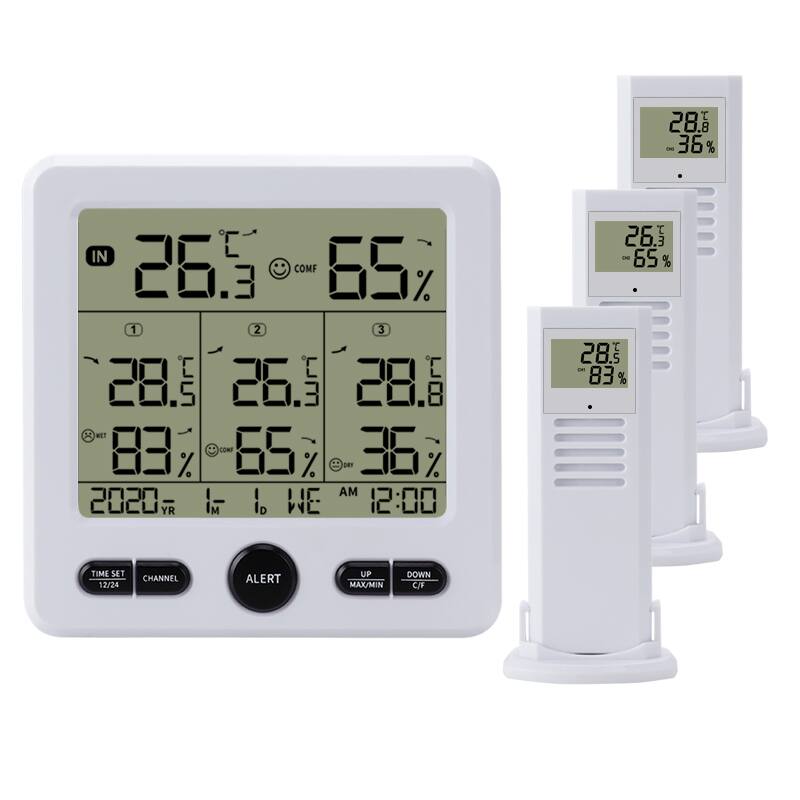 26.3°C IN  
65%  
COMF  
28.5°C  
83%  
26.3°C  
65%  
28.8°C  
36%  

2020 YR  
1 M  
1 D  
WE  
AM 12:00  

TIME SET 12/24  
CHANNEL  
ALERT  
UP MAX/MIN  
DOWN C/F