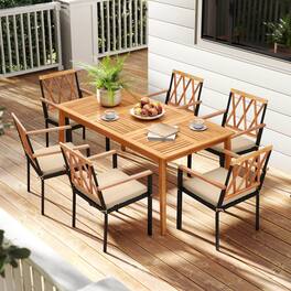 Costway - 7 PCS Patio Acacia Wood Dining Set with Soft Seat Cushions Umbrella Hole Outdoor - Natural + Black