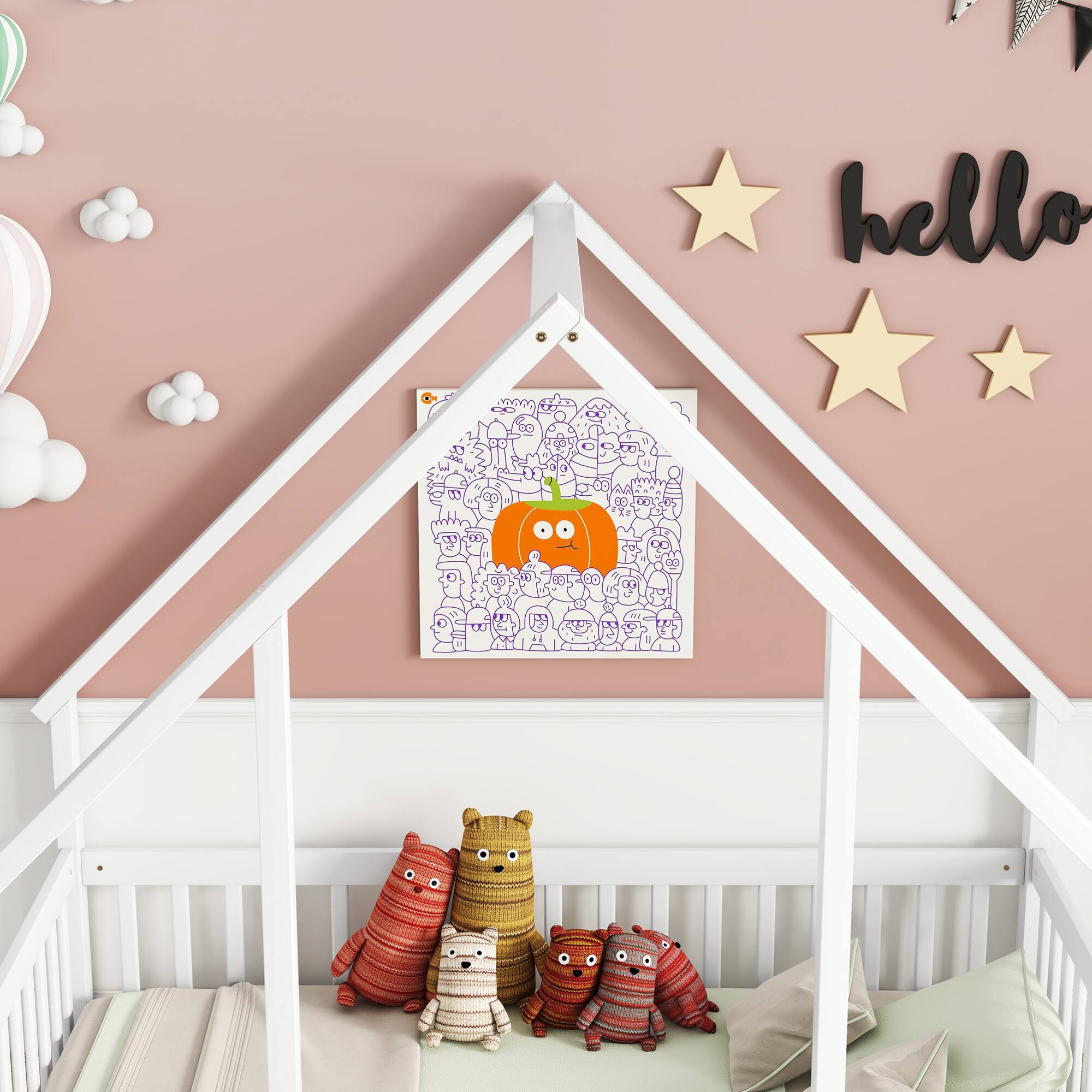 Alt View 7. GOODSILO - House-Shaped Floor Bed with Protective Fence and Guardrails for Children's Bedroom - White.