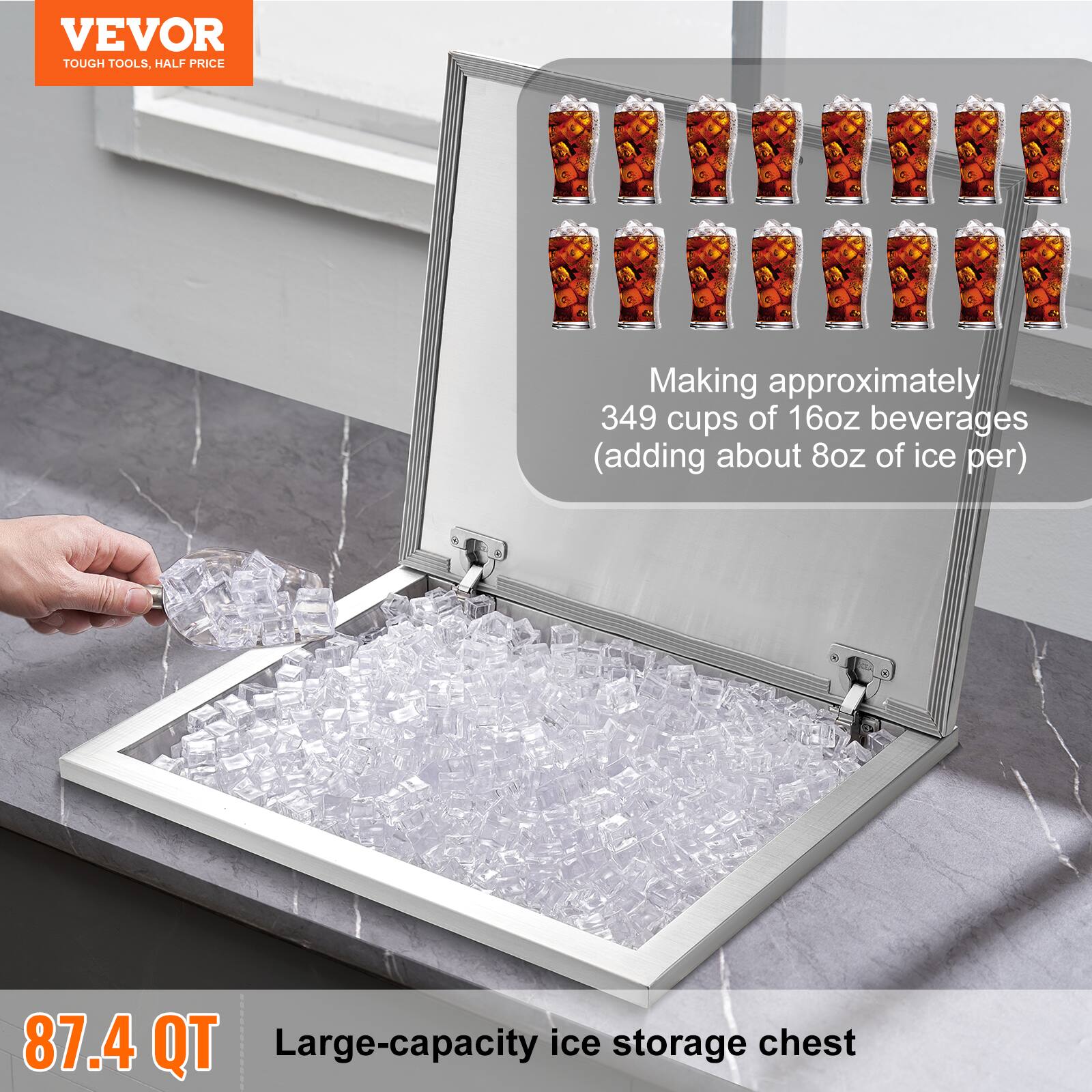 VEVOR  
TOUGH TOOLS, HALF PRICE  

87.4 QT  
Large-capacity ice storage chest  

Making approximately 349 cups of 16oz beverages (adding about 8oz of ice per)
