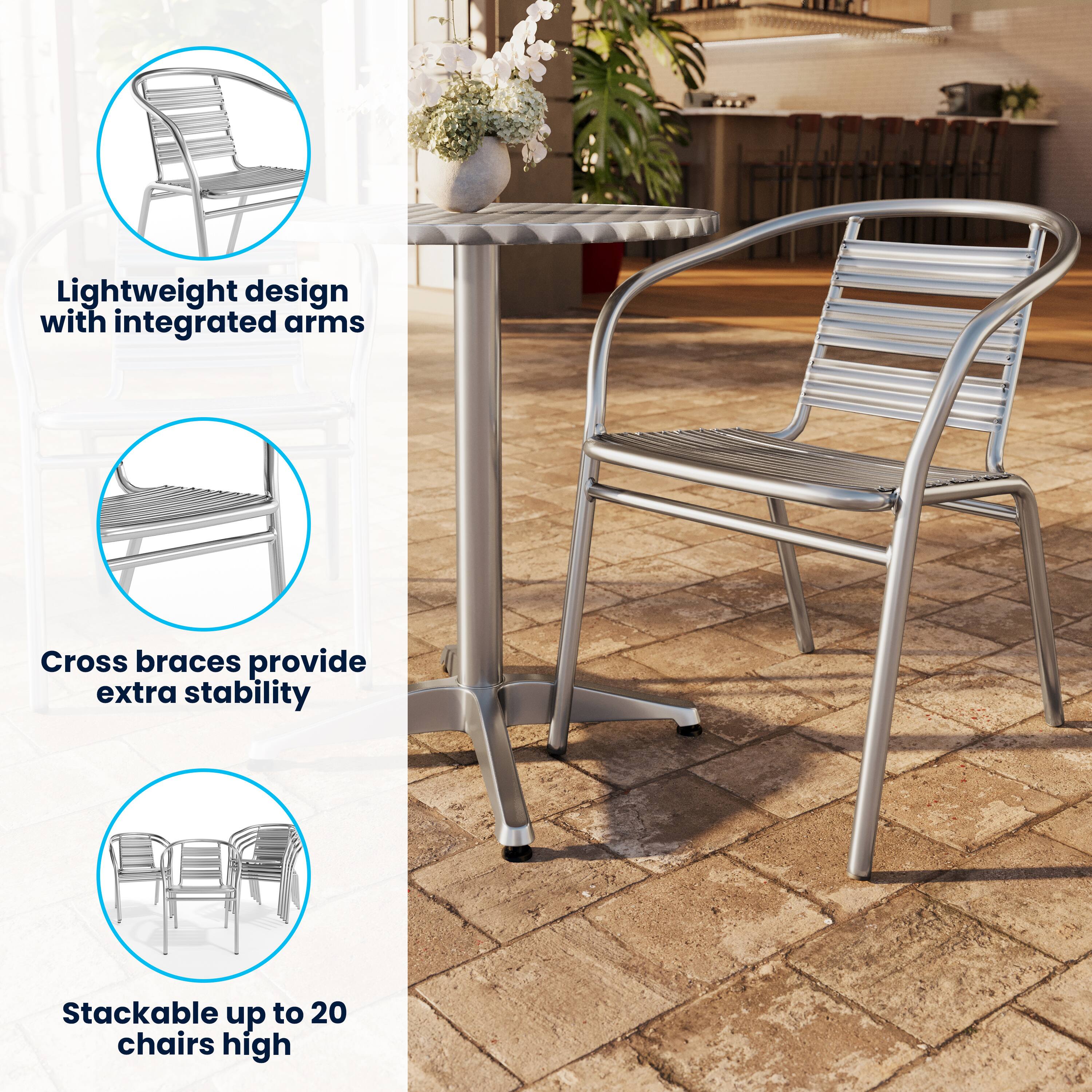 Lightweight design with integrated arms  
Cross braces provide extra stability  
Stackable up to 20 chairs high
