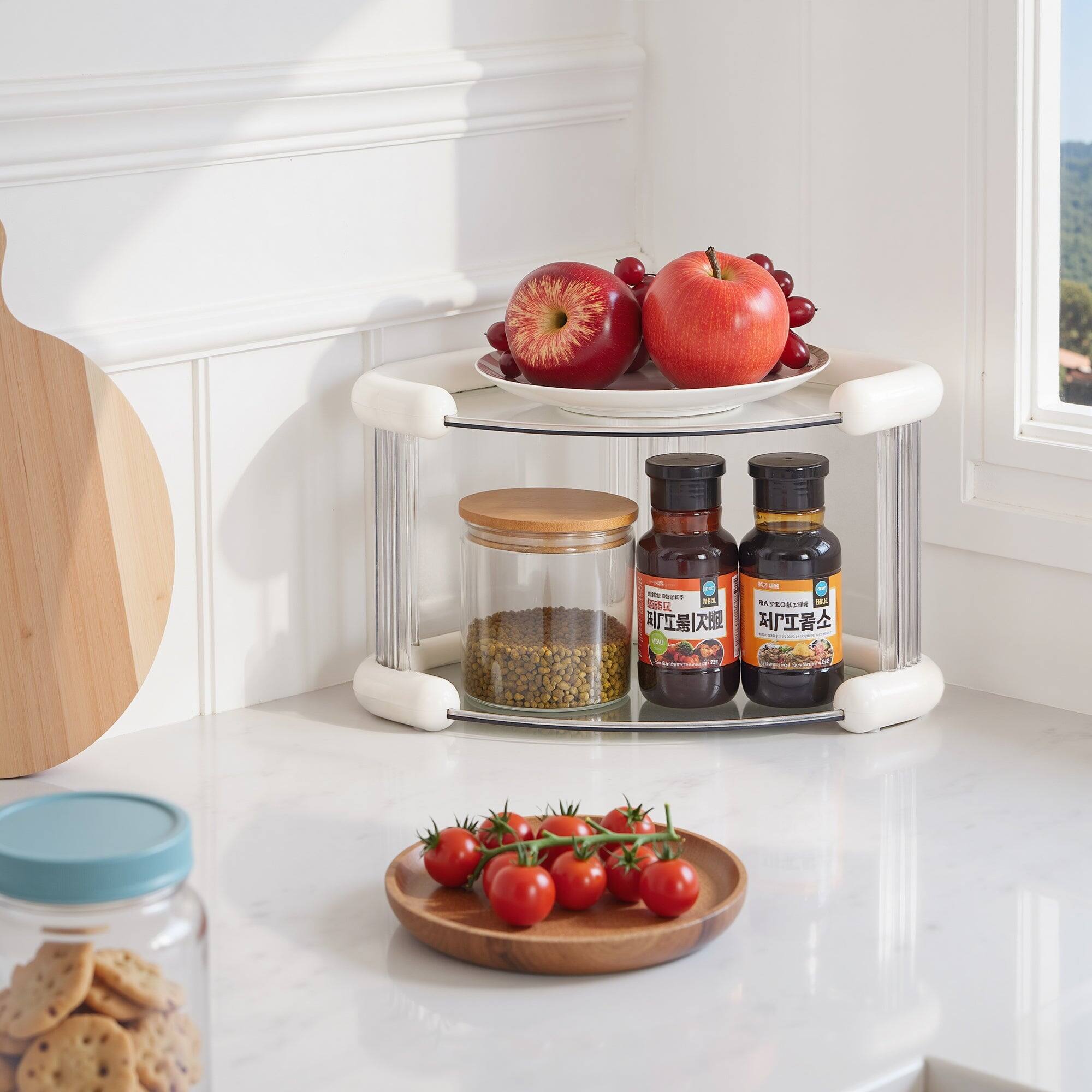 Alt View 1. Vecelo - Triangle Corner Desktop Organizer, 2 Tier Plastic Countertop Storage Rack for Kitchen, Vanity, Office - White.